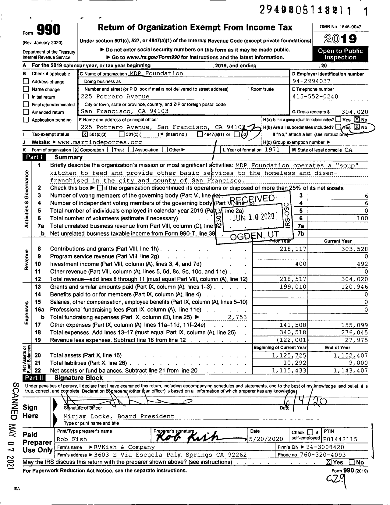 Image of first page of 2019 Form 990 for MDP Foundation