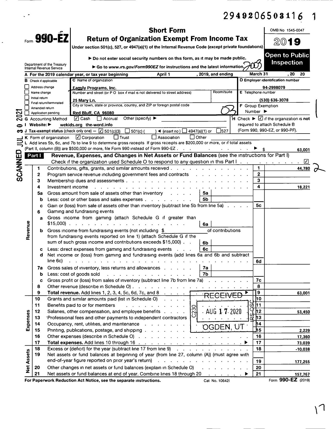 Image of first page of 2019 Form 990EZ for Family Programs