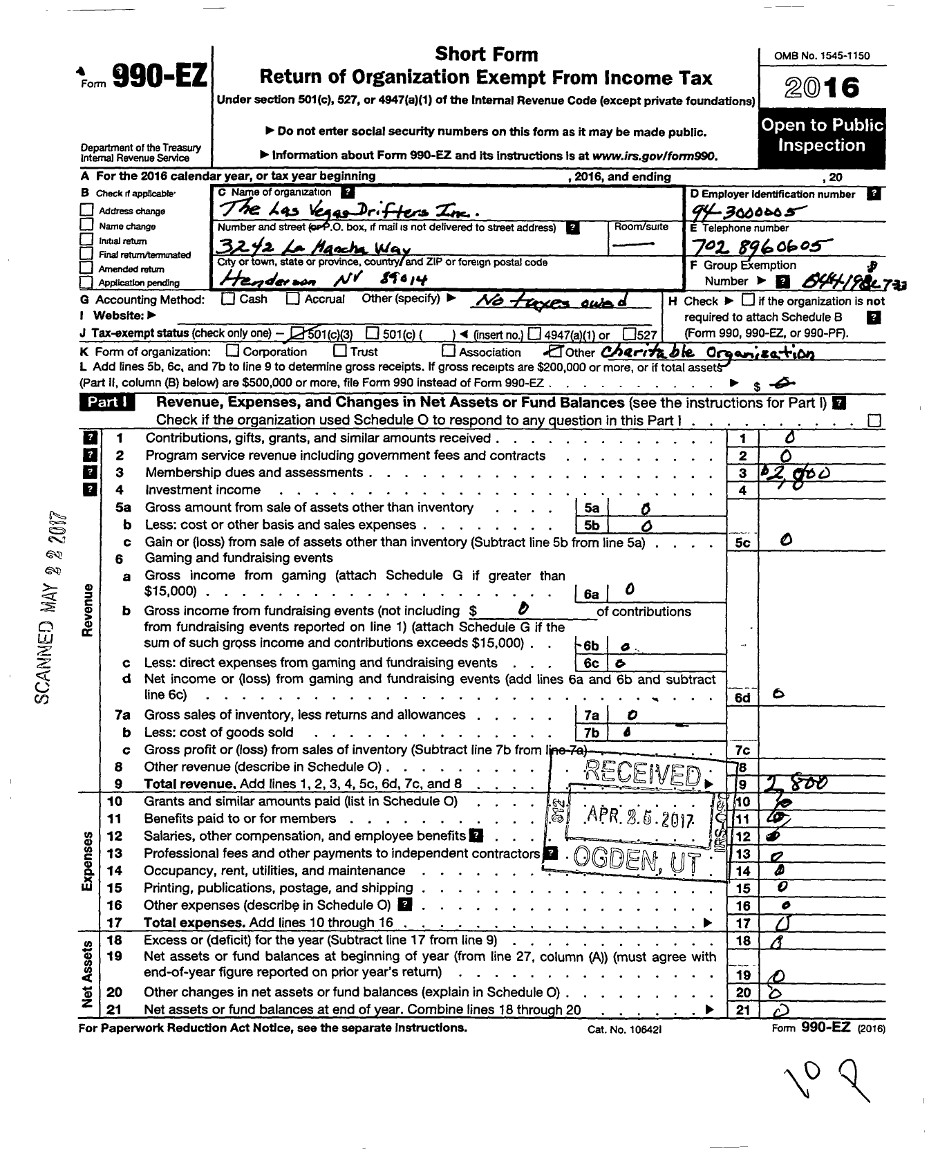 Image of first page of 2016 Form 990EZ for Las Vegas Chapter of the Drifters