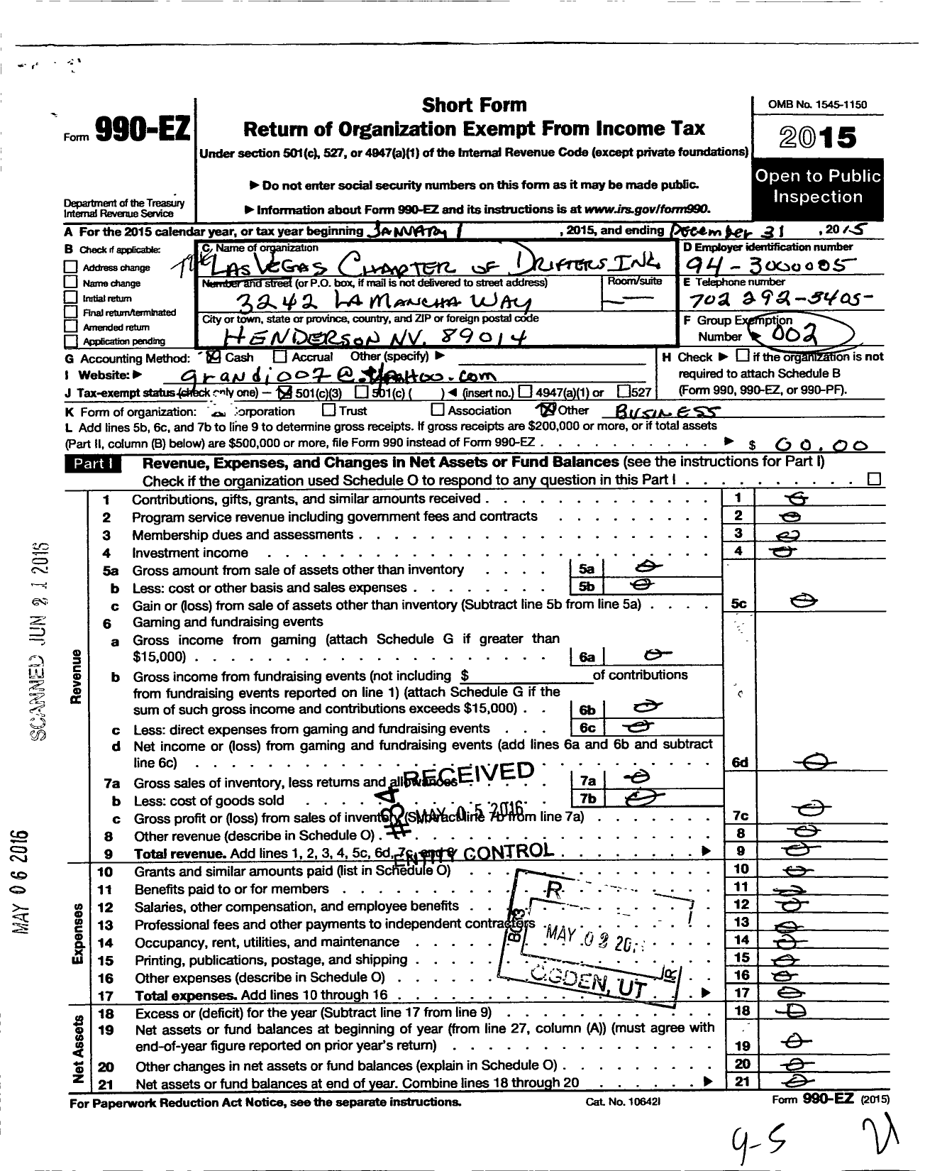 Image of first page of 2015 Form 990EZ for Las Vegas Chapter of the Drifters