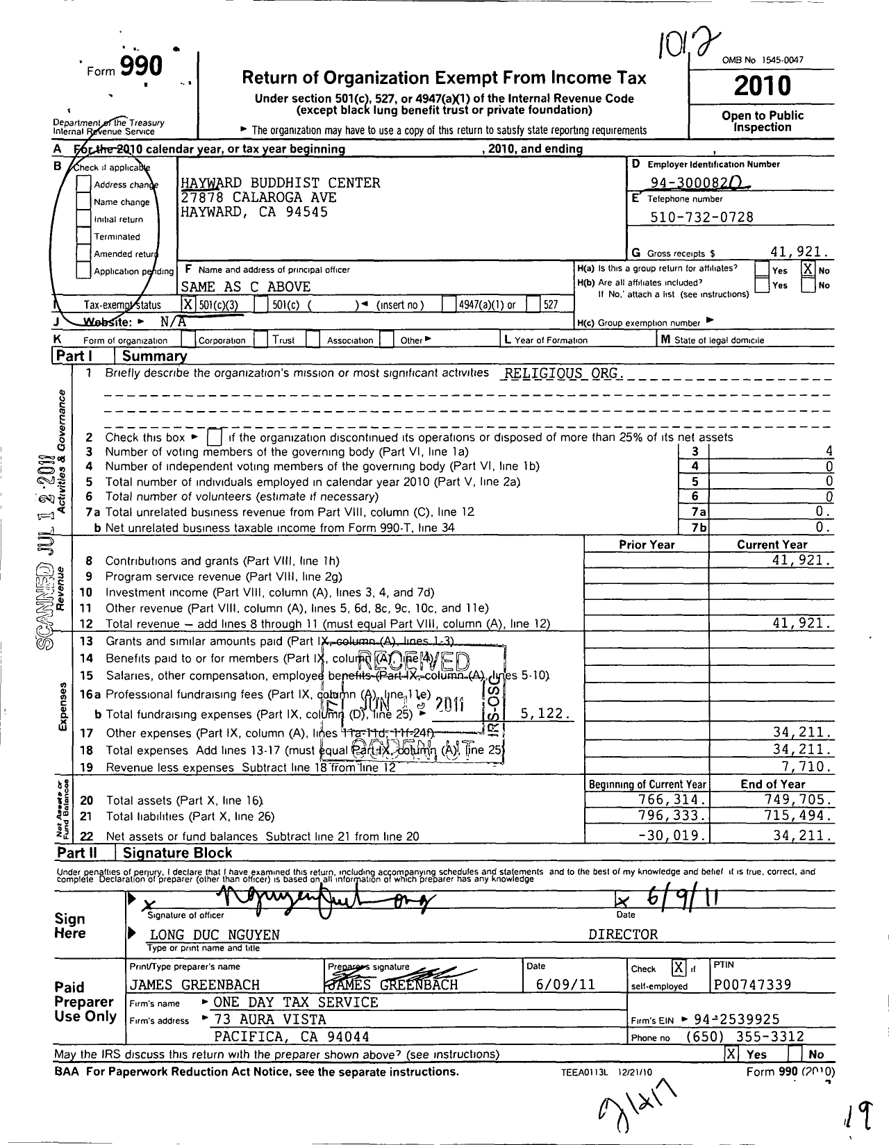 Image of first page of 2010 Form 990 for Hayward Buddhist Center