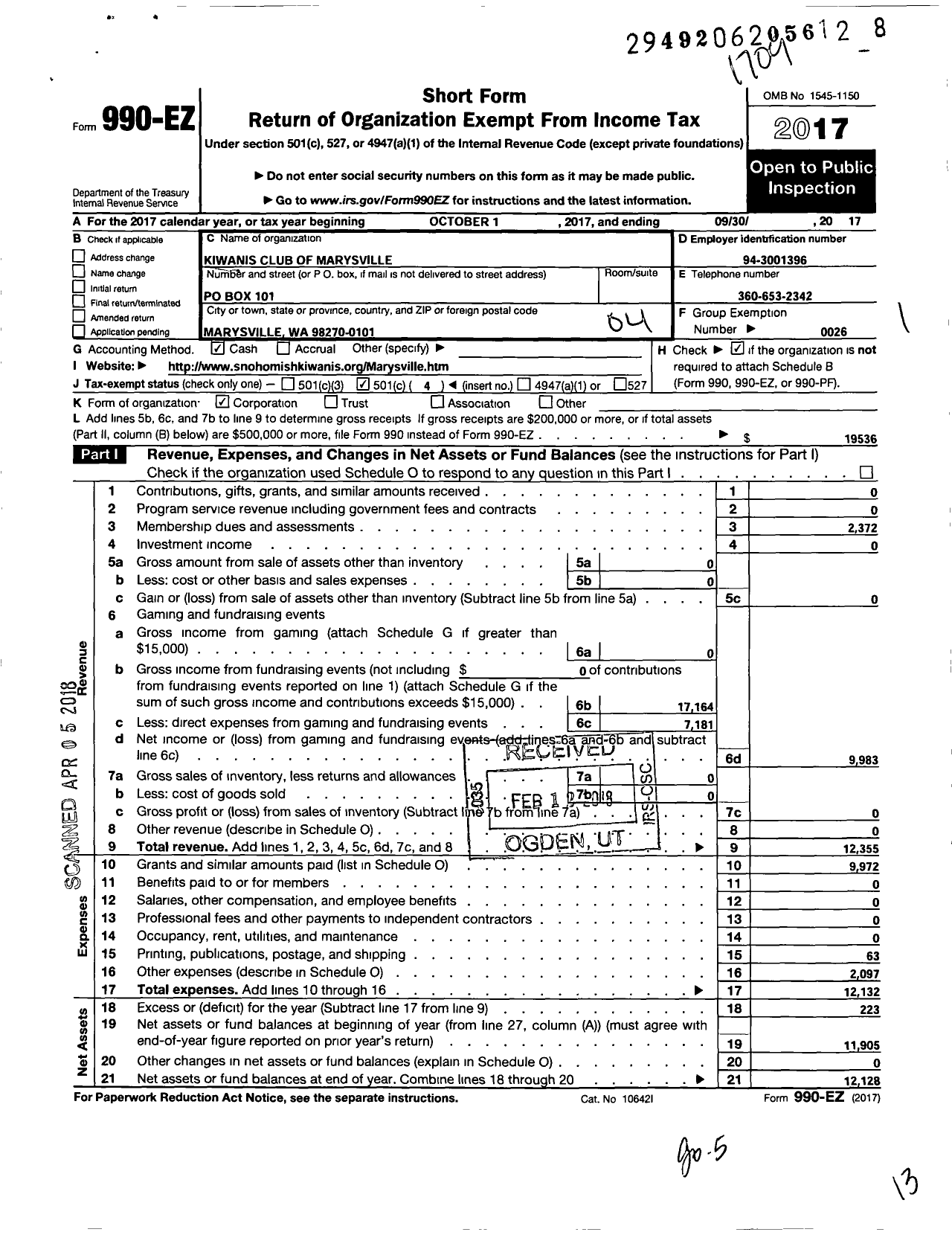 Image of first page of 2016 Form 990EO for Kiwanis International - K04704 Kiwanis Club of Marysville