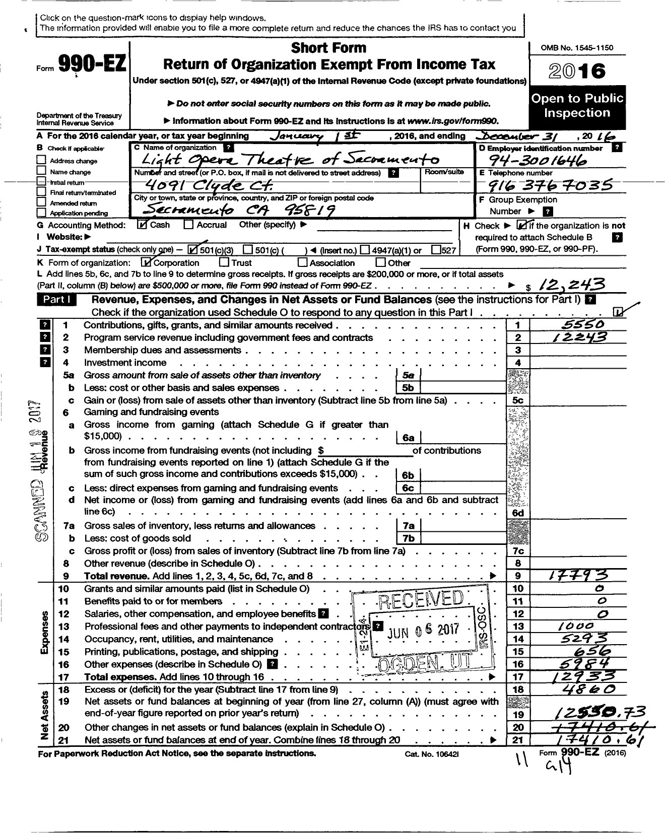 Image of first page of 2016 Form 990EZ for Light Opera Theatre of Sacramento