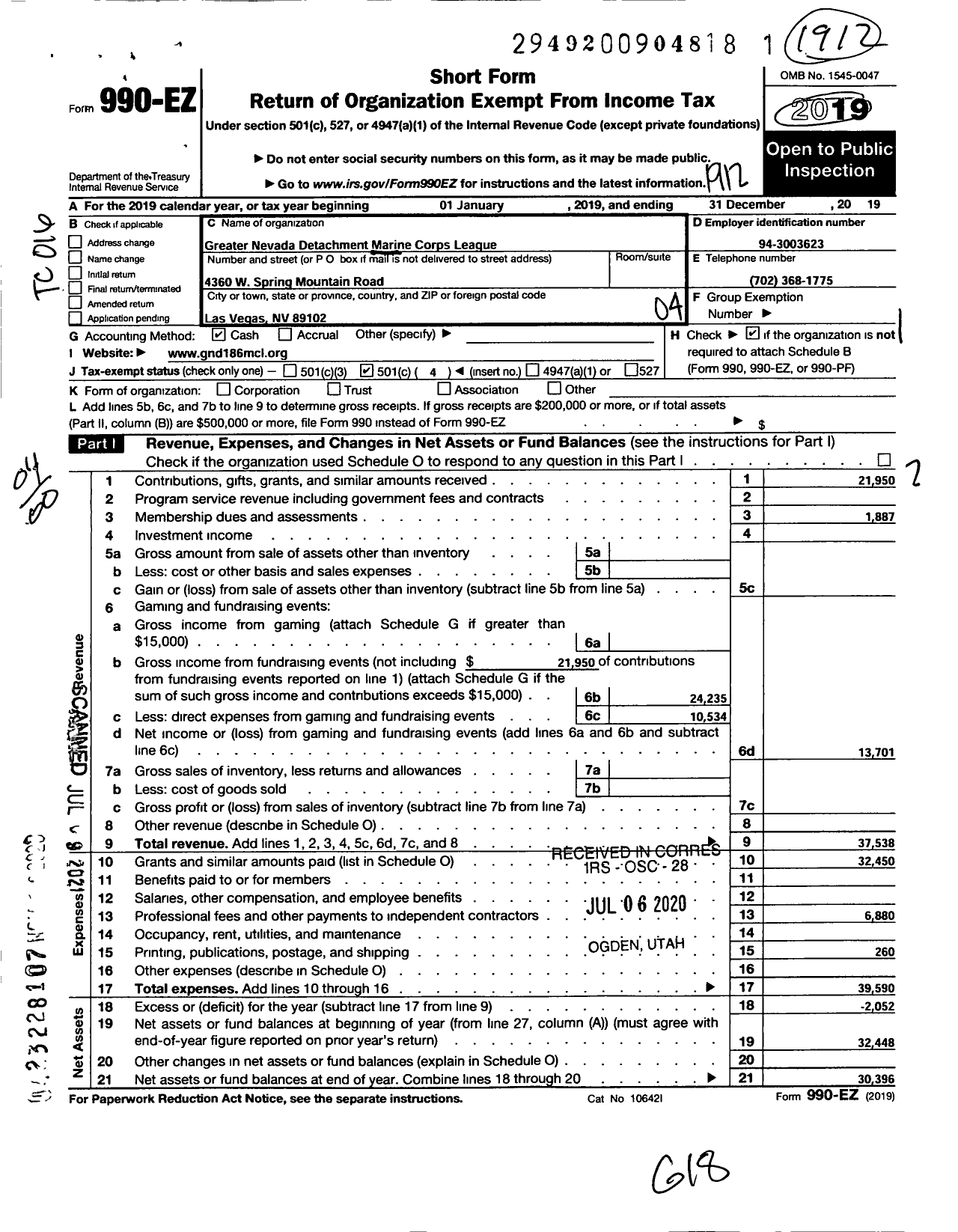 Image of first page of 2019 Form 990EO for Greater Nevada Detachment Marine Corps League