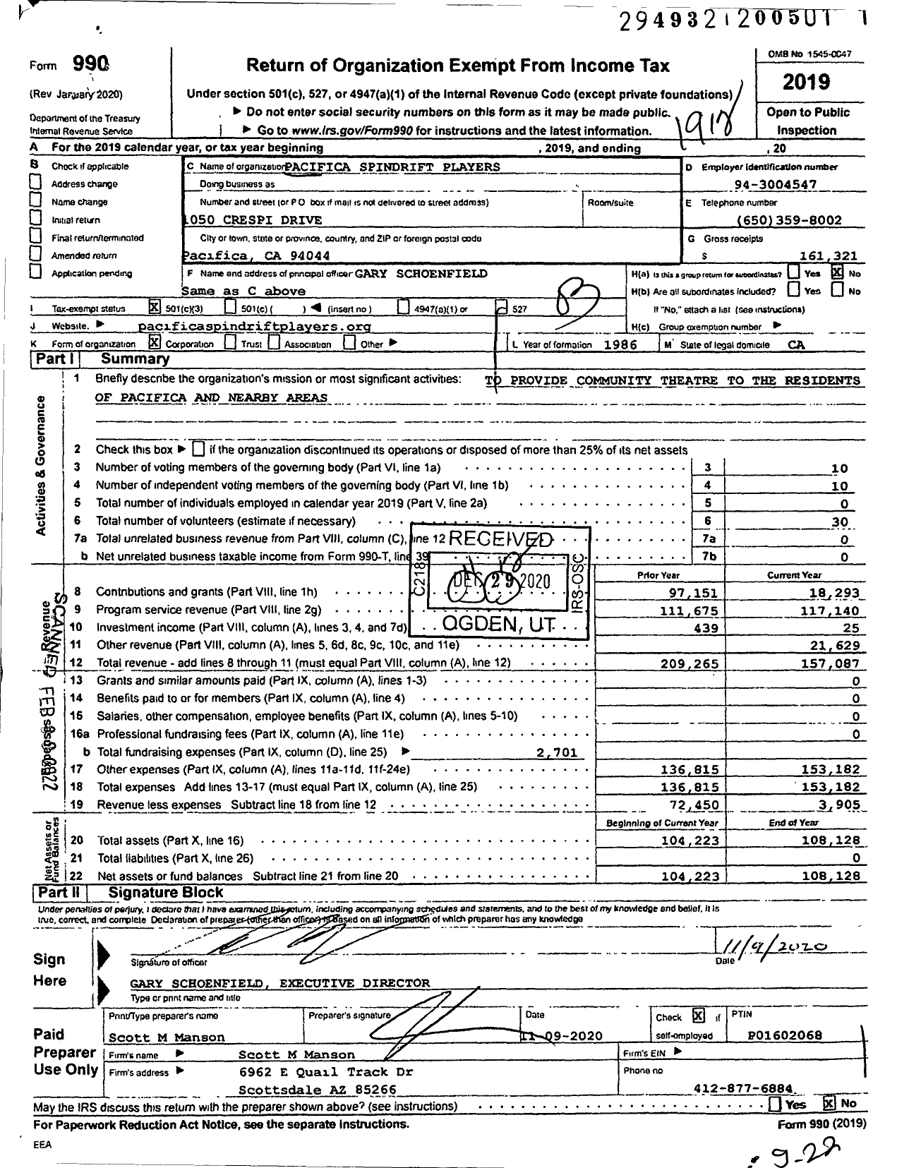 Image of first page of 2019 Form 990 for Pacifica Spindrift Players