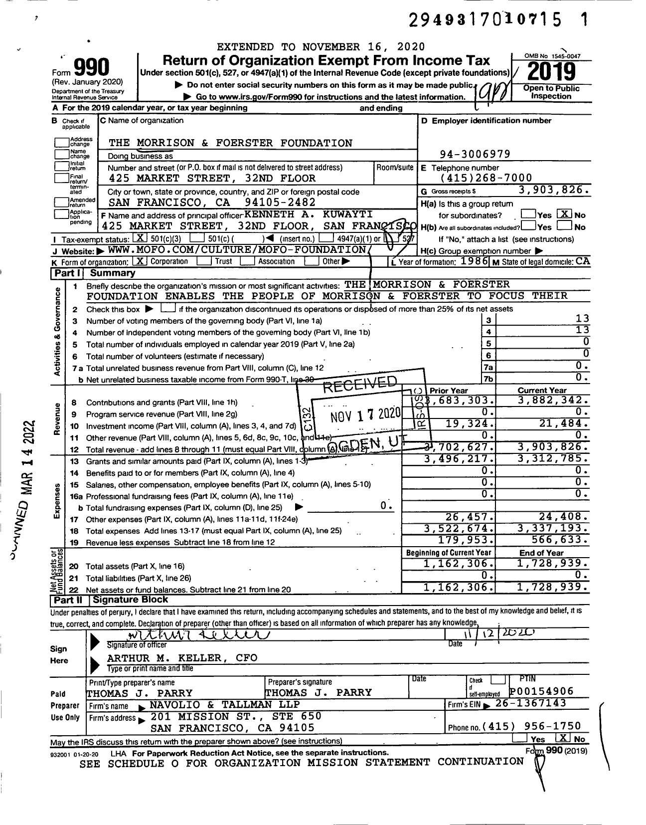 Image of first page of 2019 Form 990 for The Morrison and Foerster Foundation