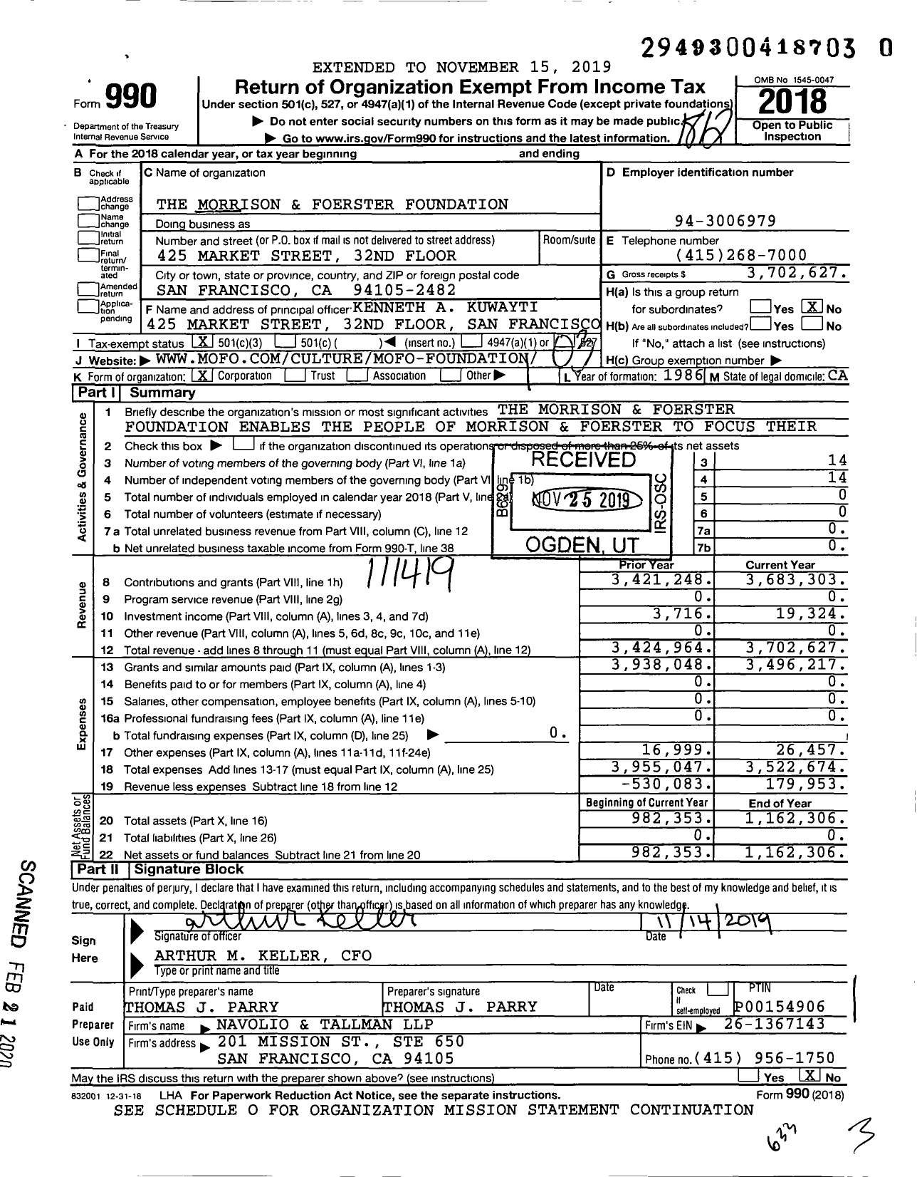 Image of first page of 2018 Form 990 for The Morrison and Foerster Foundation