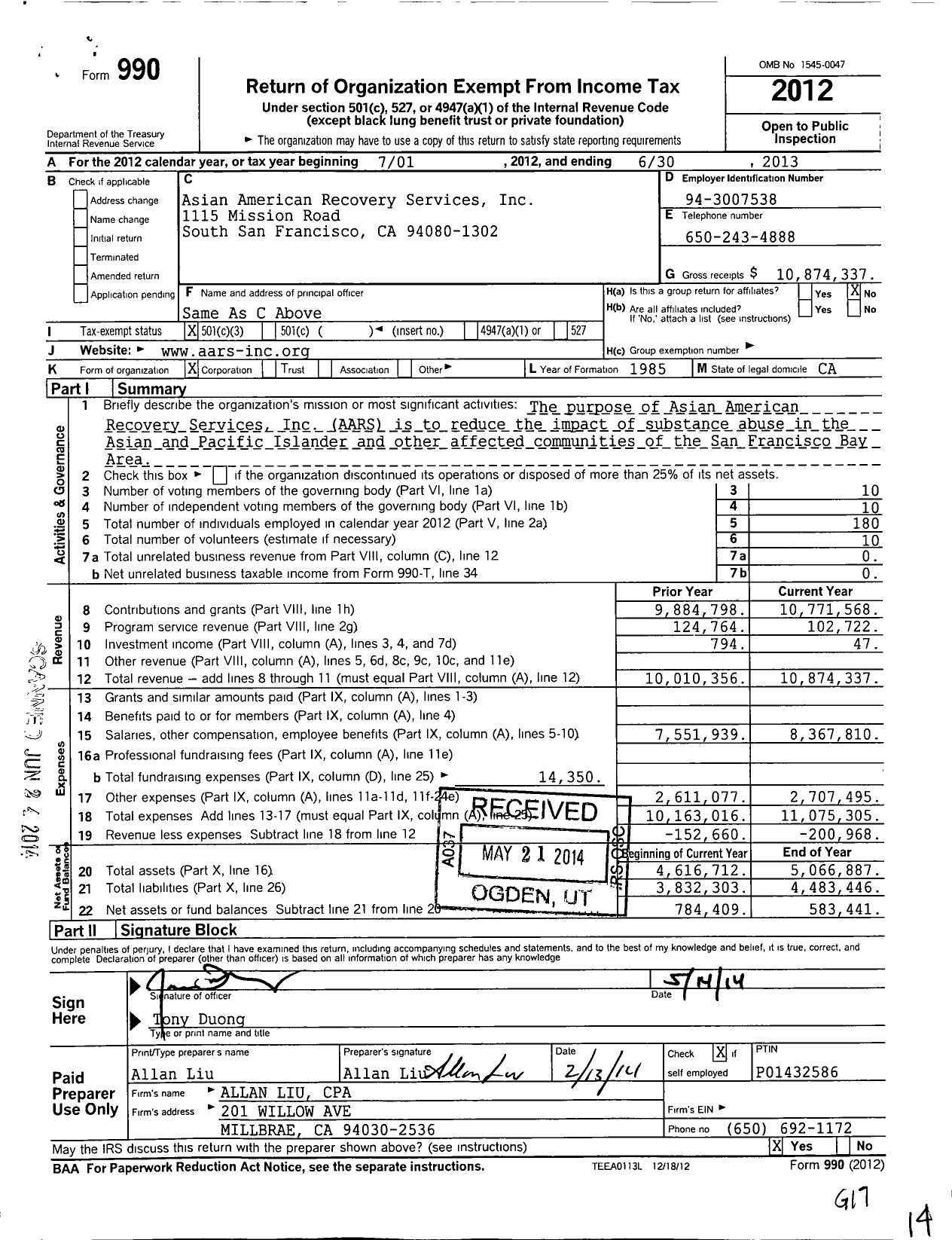 Image of first page of 2012 Form 990 for Asian American Recovery Services