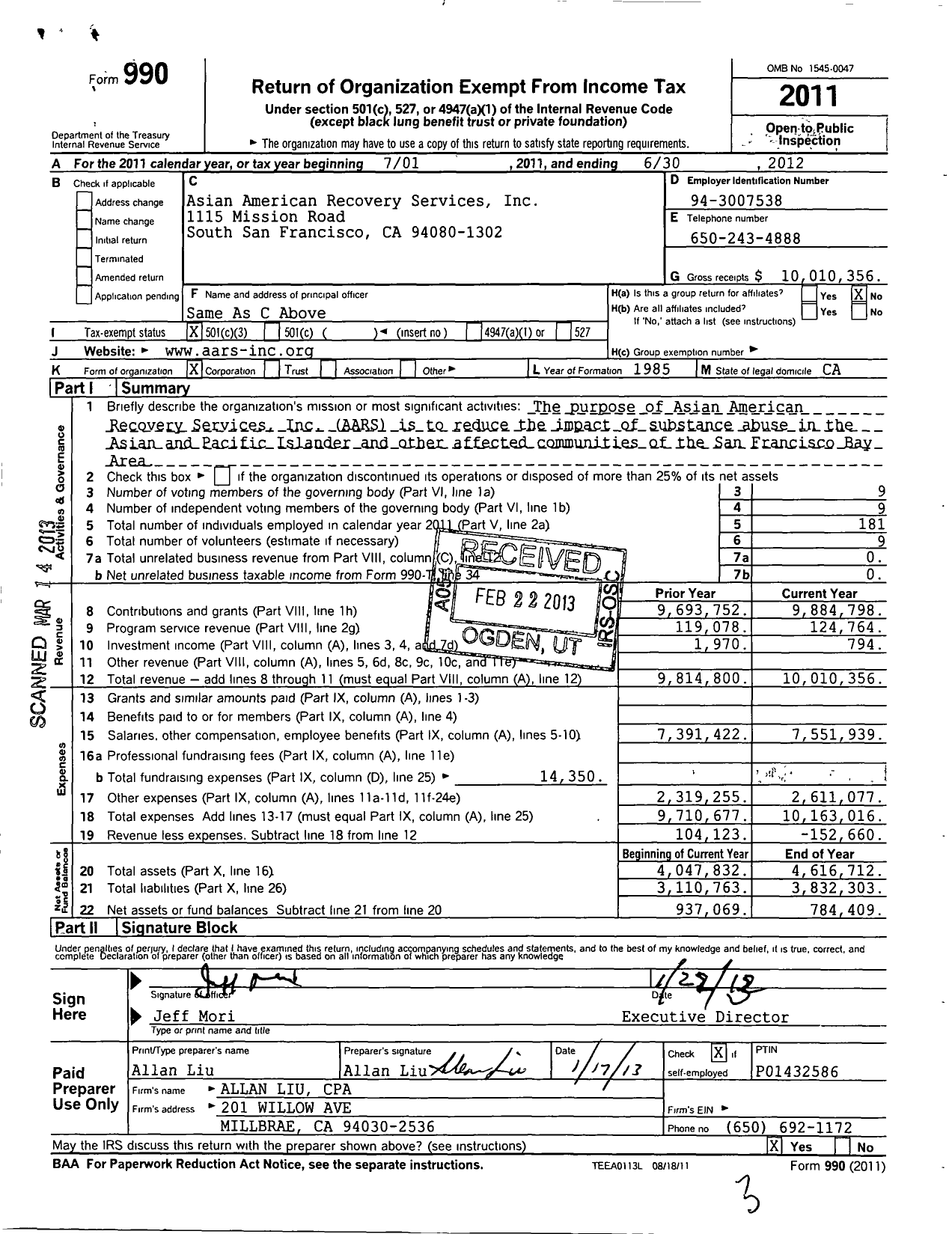 Image of first page of 2011 Form 990 for Asian American Recovery Services