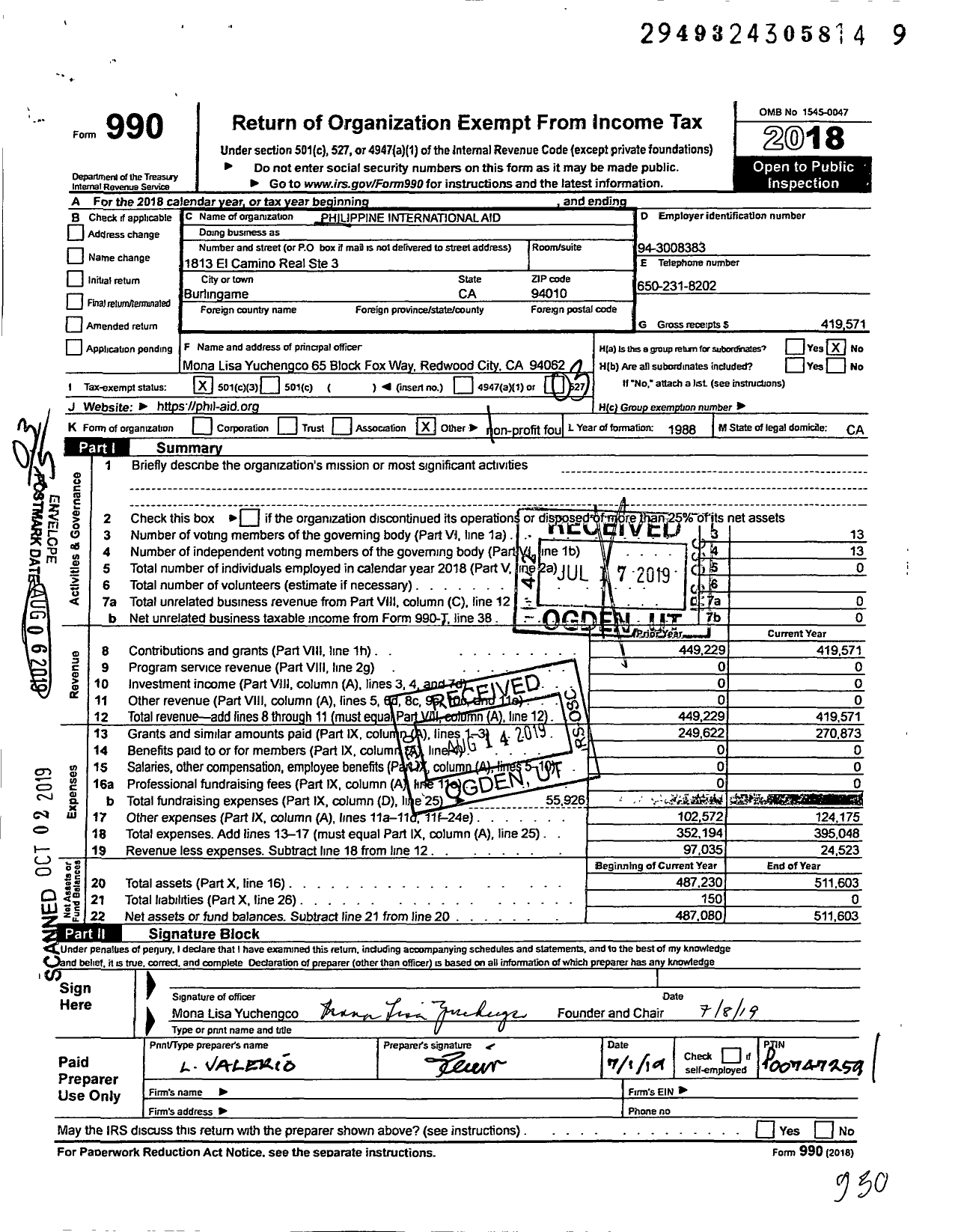 Image of first page of 2018 Form 990 for Philippine International Aid