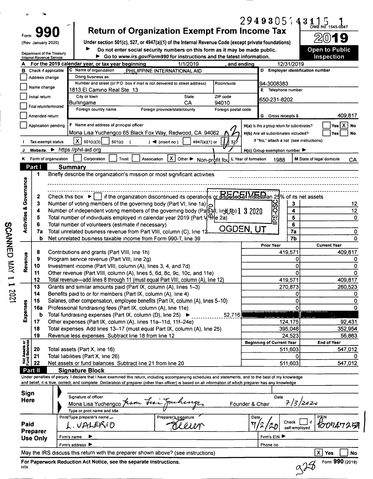 Image of first page of 2019 Form 990 for Philippine International Aid