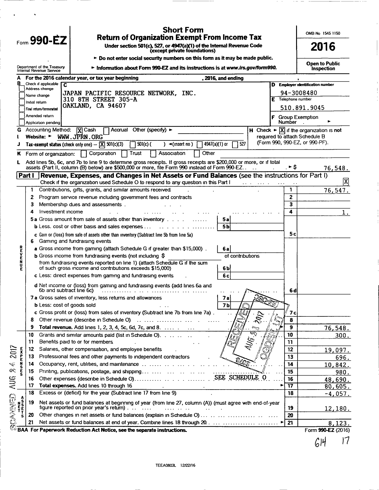 Image of first page of 2016 Form 990EZ for Japan Pacific Resource Network