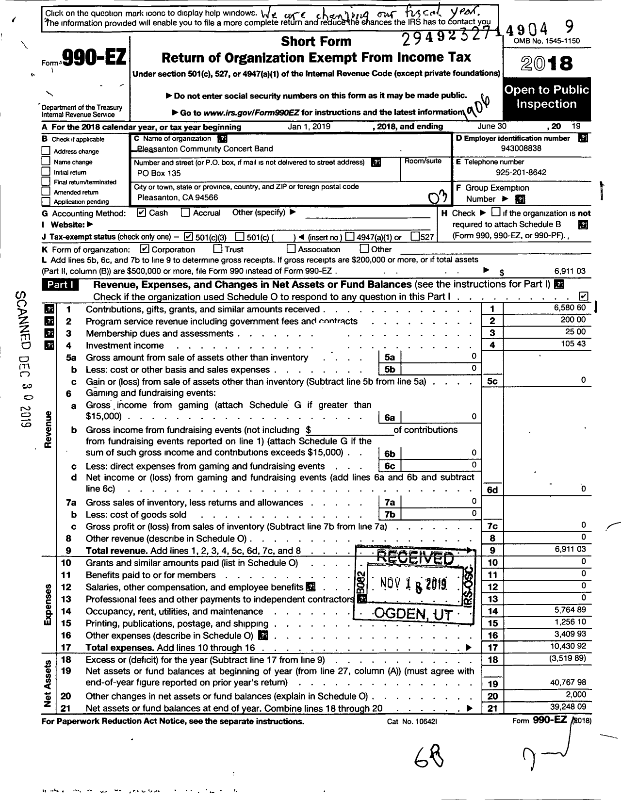 Image of first page of 2018 Form 990EZ for Pleasanton Community Concert Band