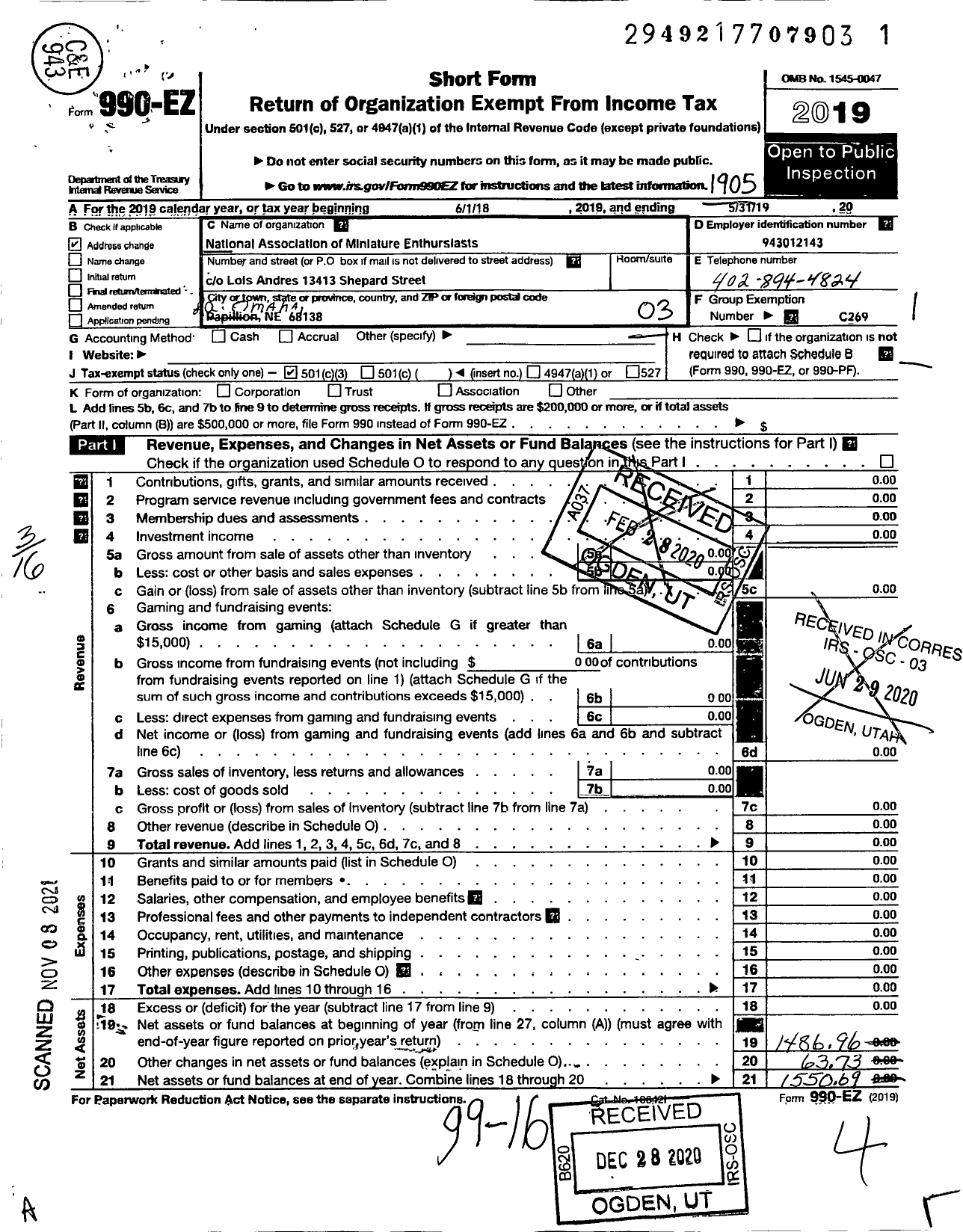 Image of first page of 2018 Form 990EZ for National Association of Miniature Enthusiasts / C-269 Omaha Council Bluffs