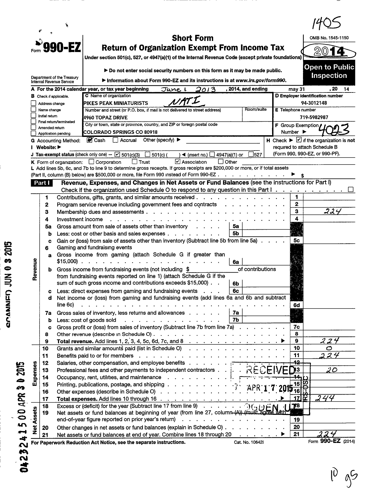 Image of first page of 2013 Form 990EZ for National Association of Miniature Enthusiasts / C-176 Pikes Peak Miniaturists