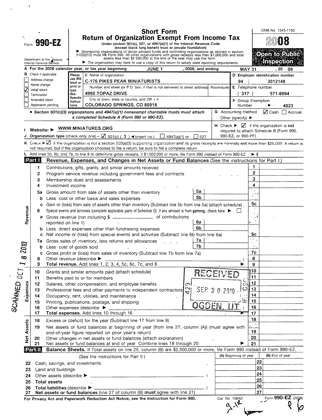 Image of first page of 2008 Form 990EZ for National Association of Miniature Enthusiasts / C-176 Pikes Peak Miniaturists