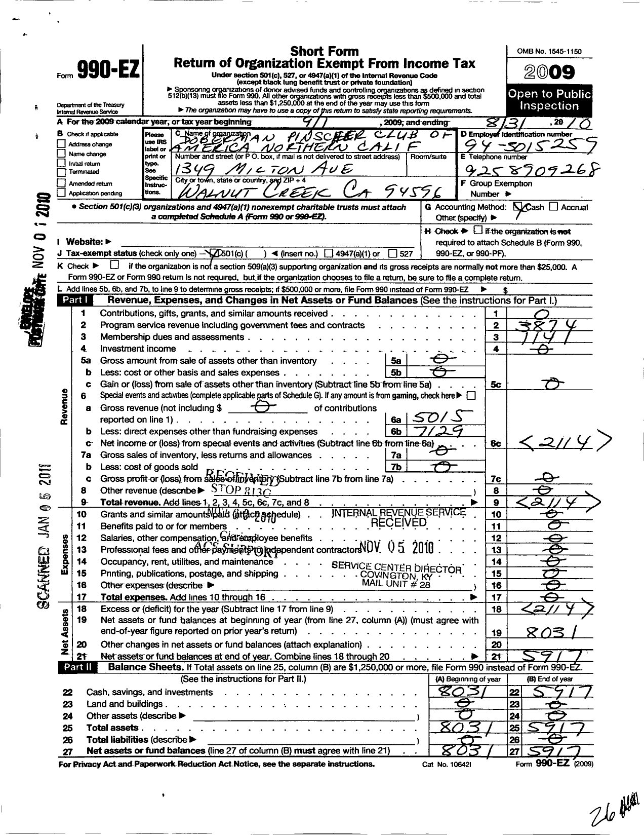 Image of first page of 2009 Form 990EO for Doberman Pinscher Club of America / Northern California