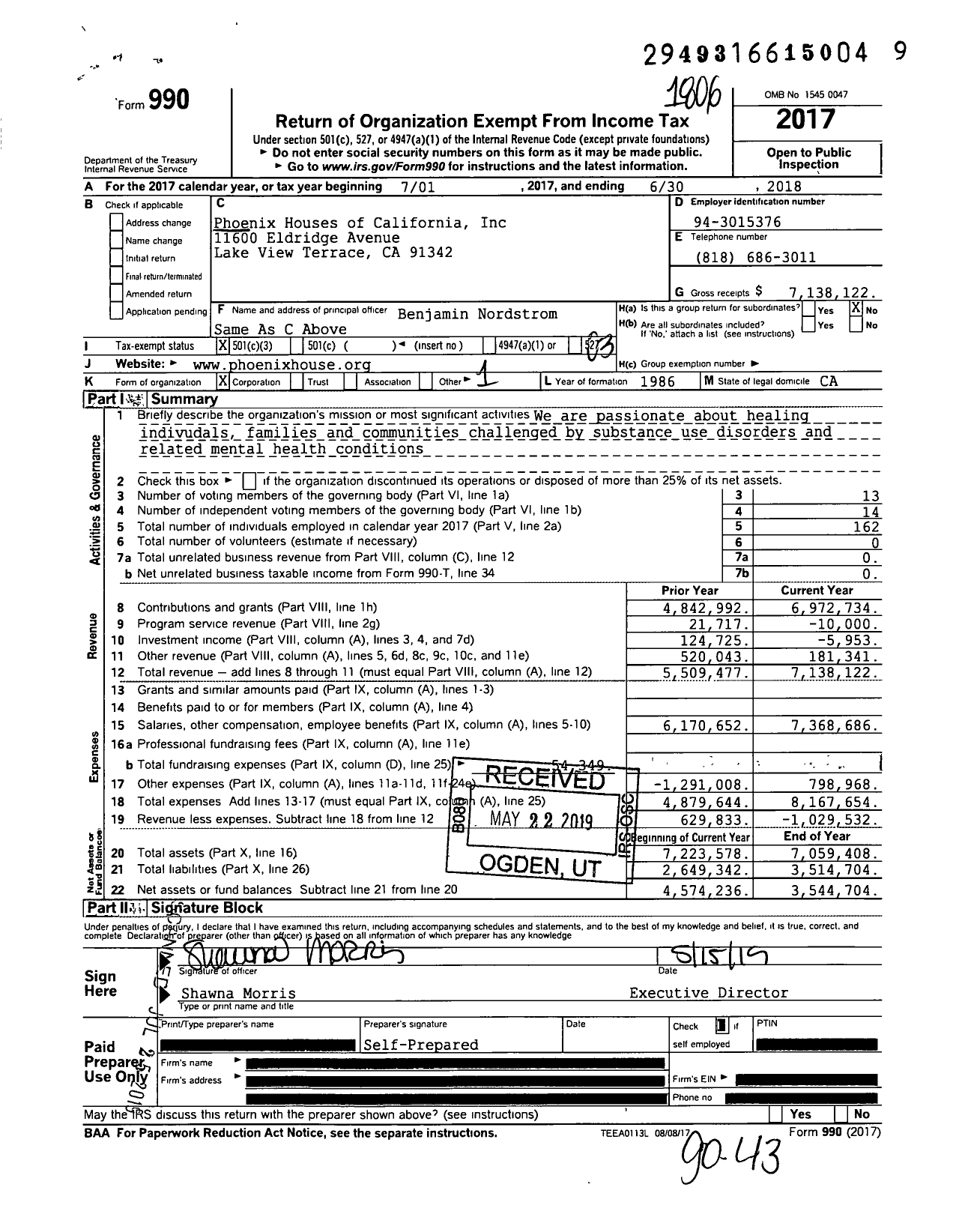 Image of first page of 2017 Form 990 for Phoenix House California