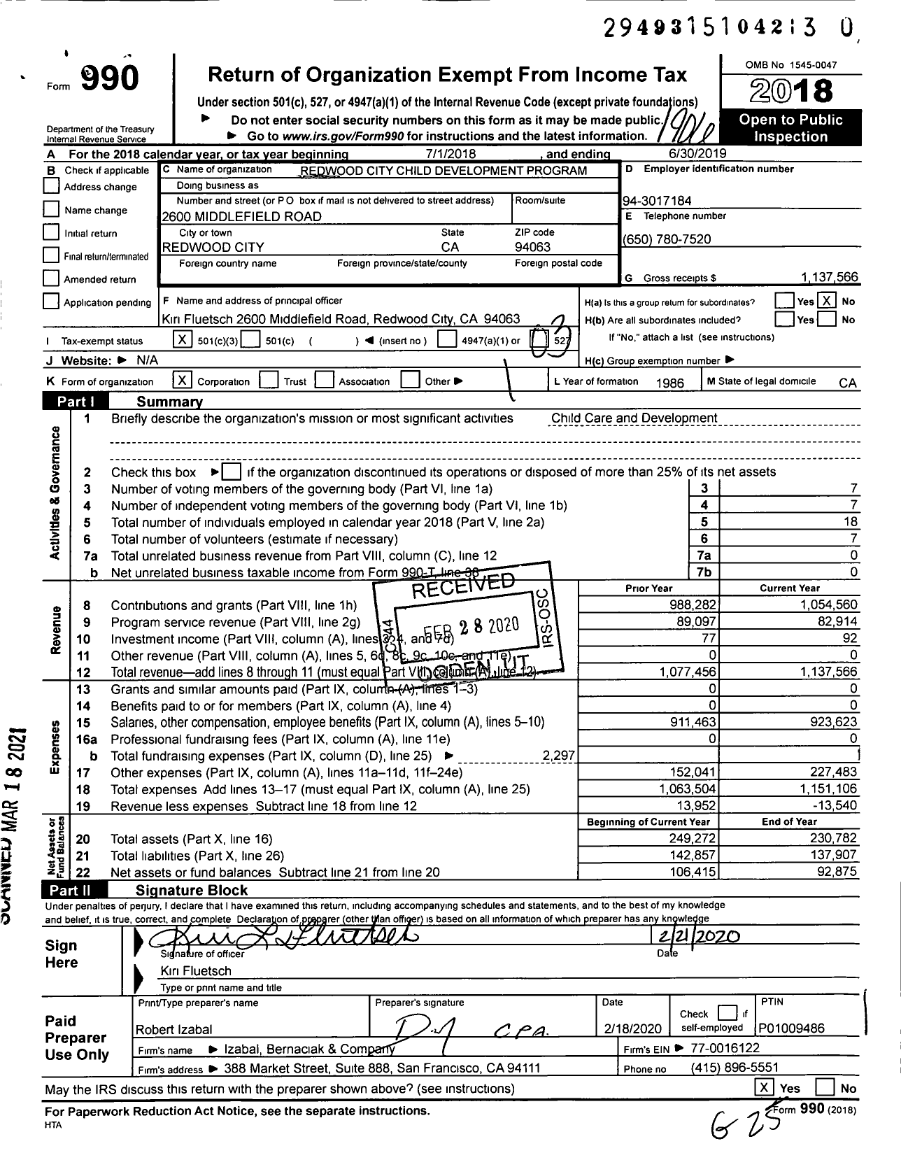 Image of first page of 2018 Form 990 for Redwood City Child Development Program