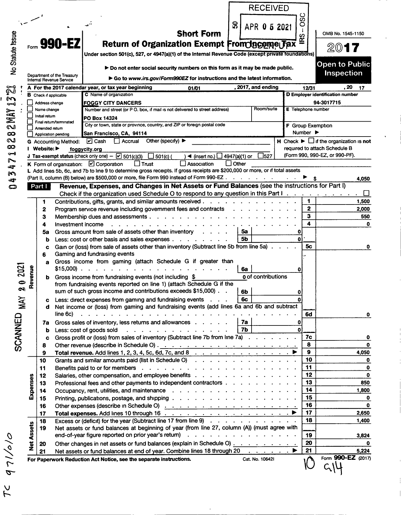 Image of first page of 2017 Form 990EA for Foggy City Dancers