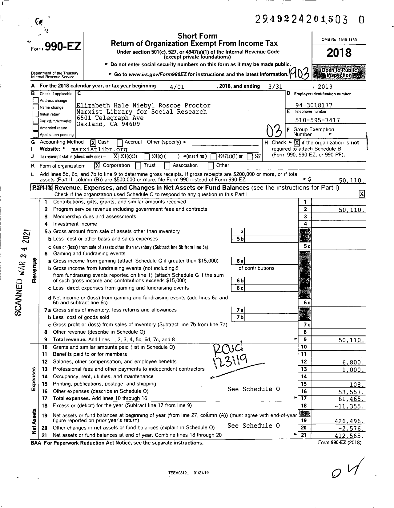 Image of first page of 2018 Form 990EZ for Elizabeth Hale Niebyl Roscoe Proctor