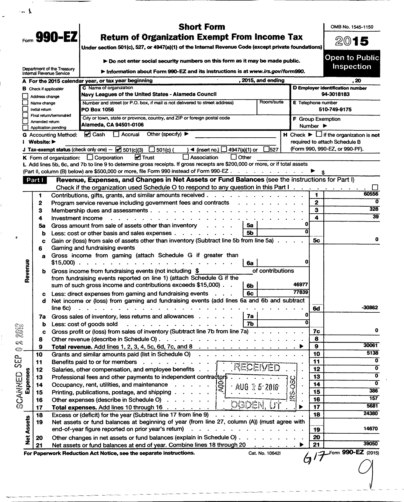 Image of first page of 2015 Form 990EZ for Navy Leagues of the United States / Alameda Council