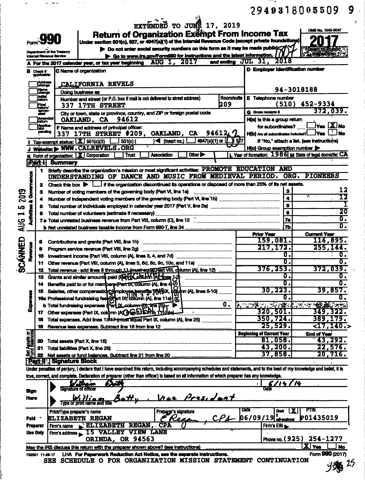 Image of first page of 2017 Form 990 for California Revels