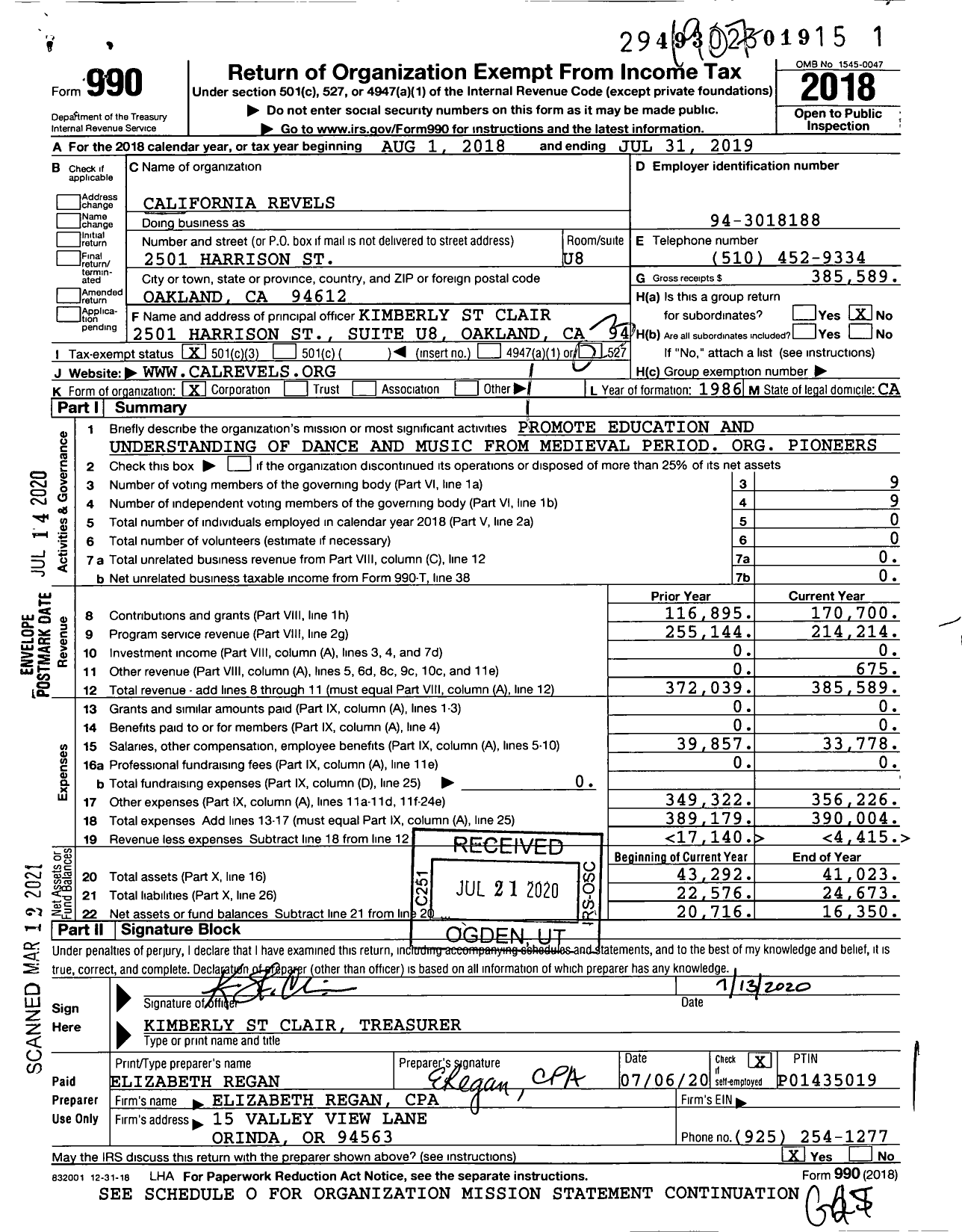 Image of first page of 2018 Form 990 for California Revels