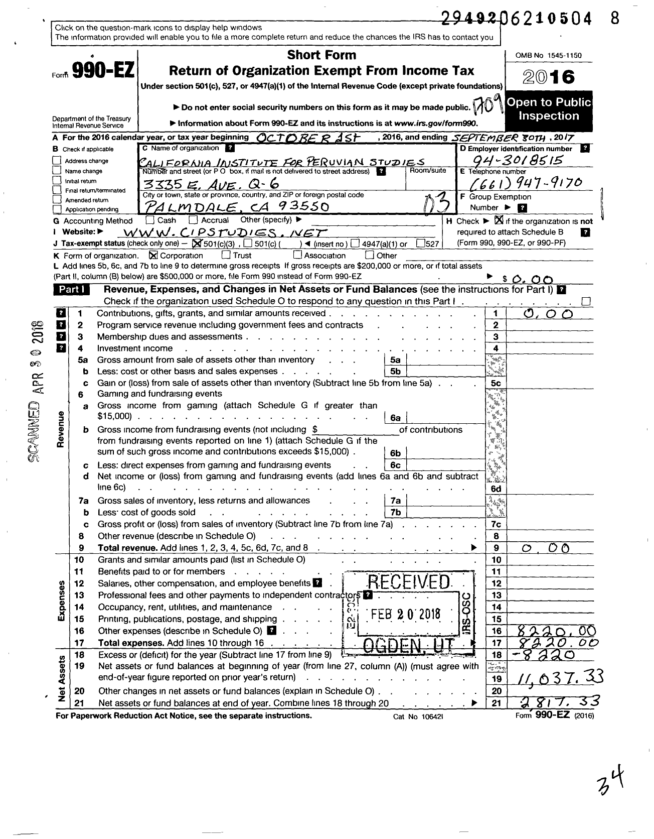 Image of first page of 2016 Form 990EZ for California Institute for Peruvian Studies