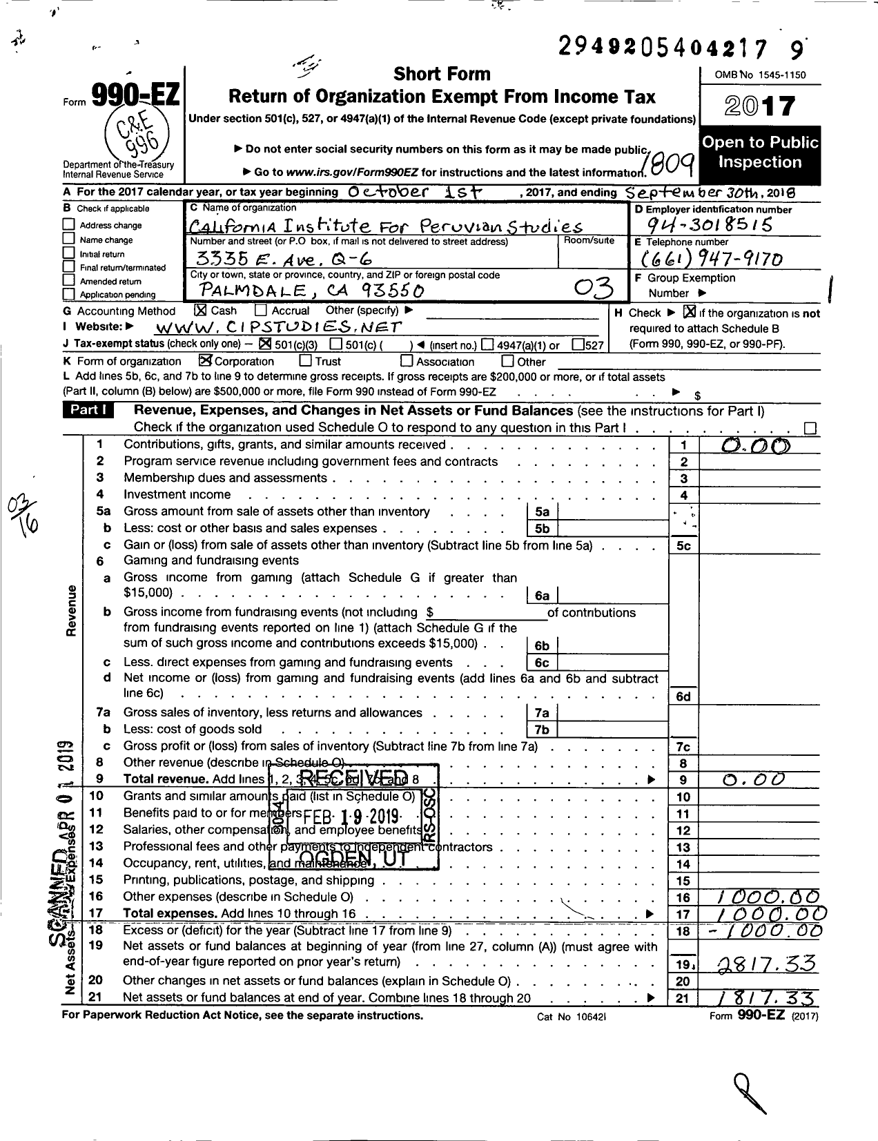 Image of first page of 2017 Form 990EZ for California Institute for Peruvian Studies