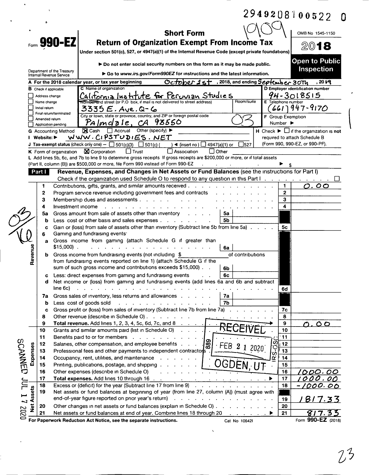 Image of first page of 2018 Form 990EZ for California Institute for Peruvian Studies