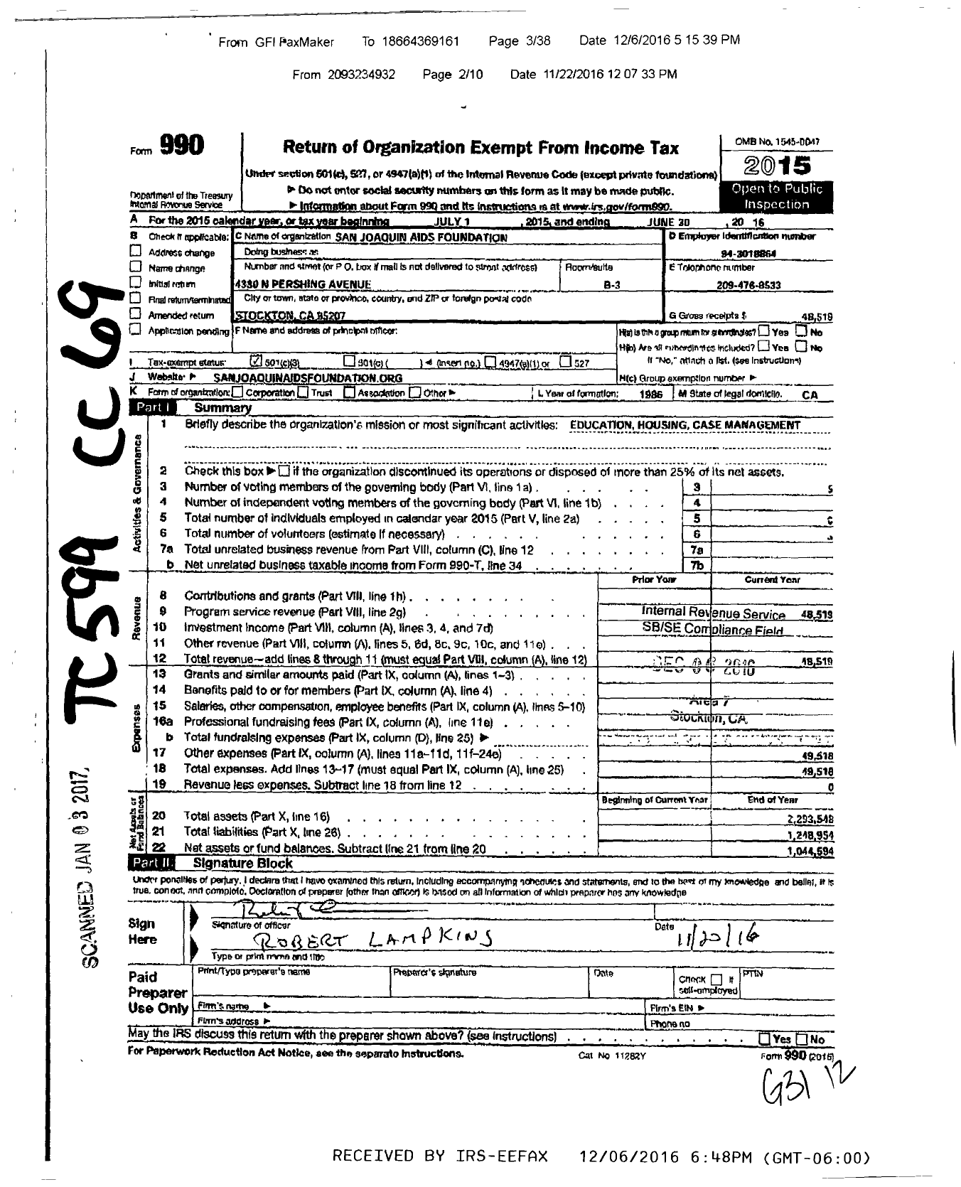 Image of first page of 2015 Form 990 for San Joaquin Aids Foundation
