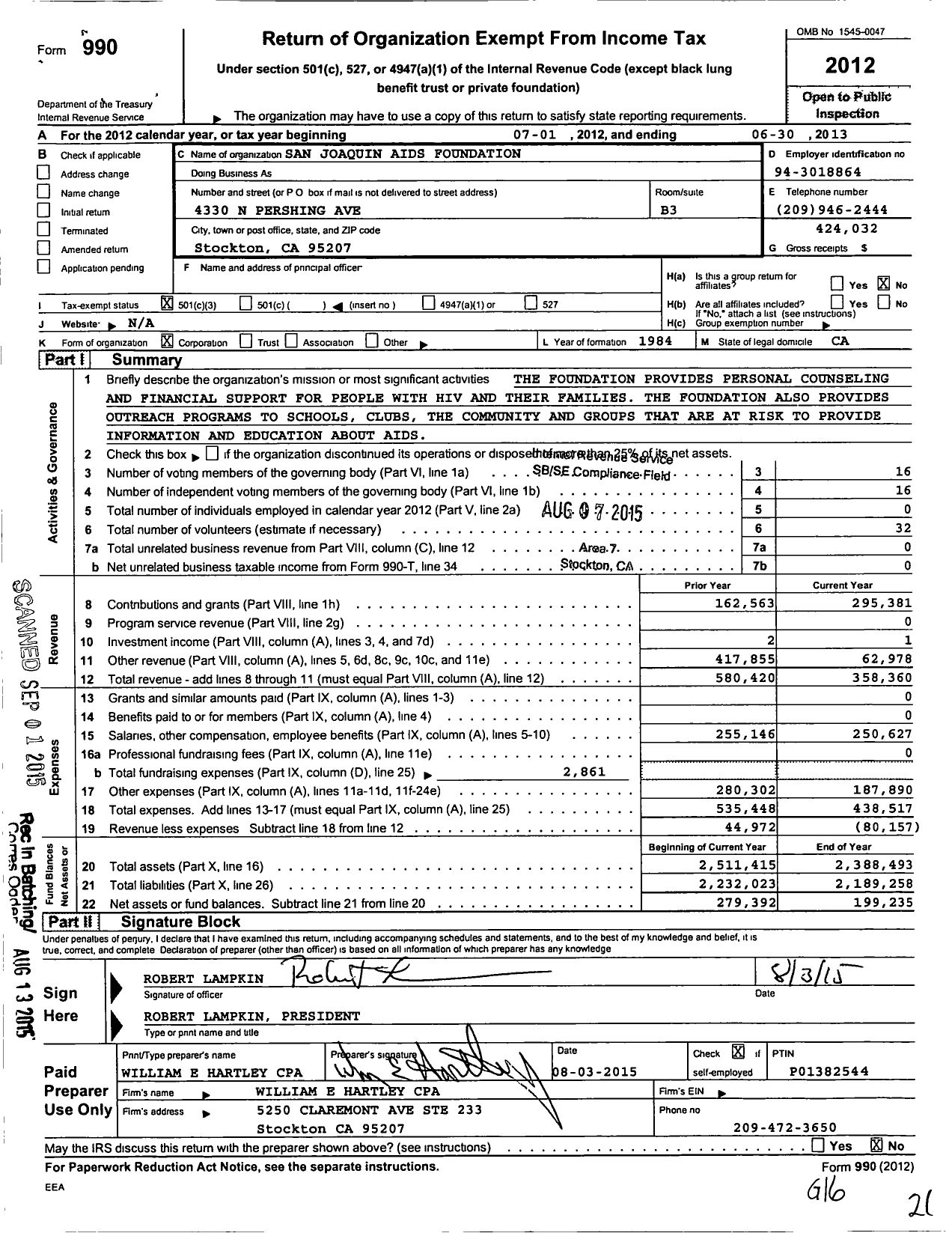 Image of first page of 2012 Form 990 for San Joaquin Aids Foundation
