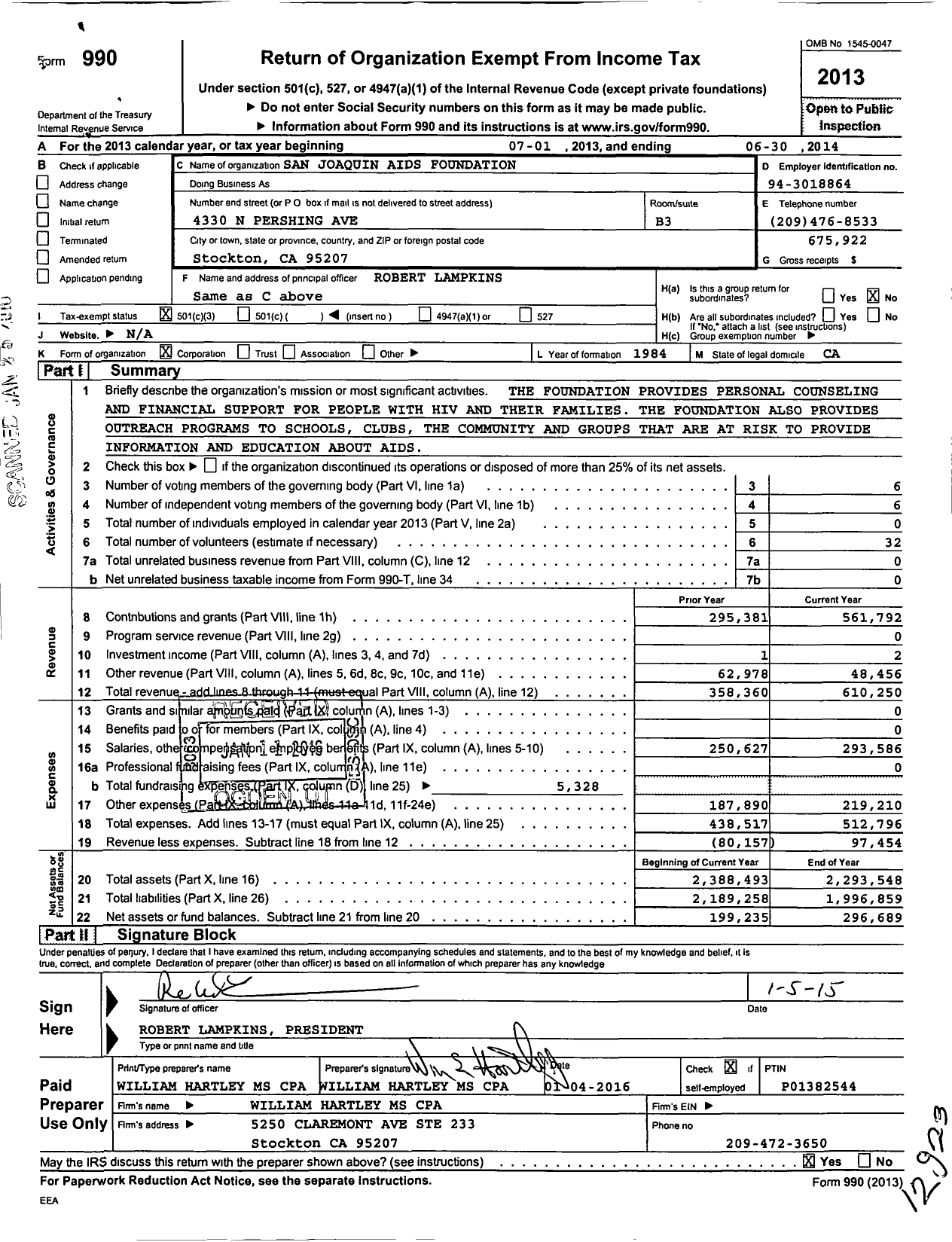 Image of first page of 2013 Form 990 for San Joaquin Aids Foundation