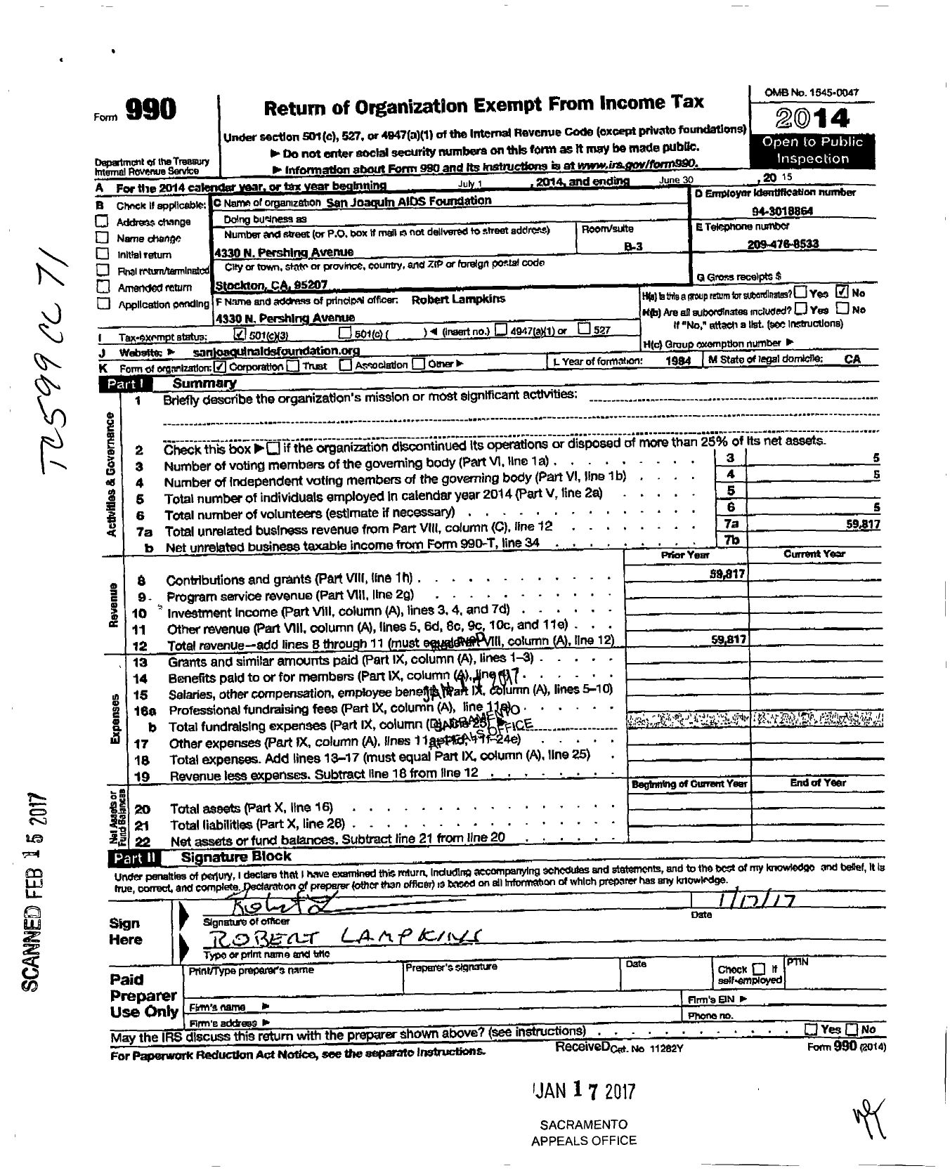 Image of first page of 2014 Form 990 for San Joaquin Aids Foundation