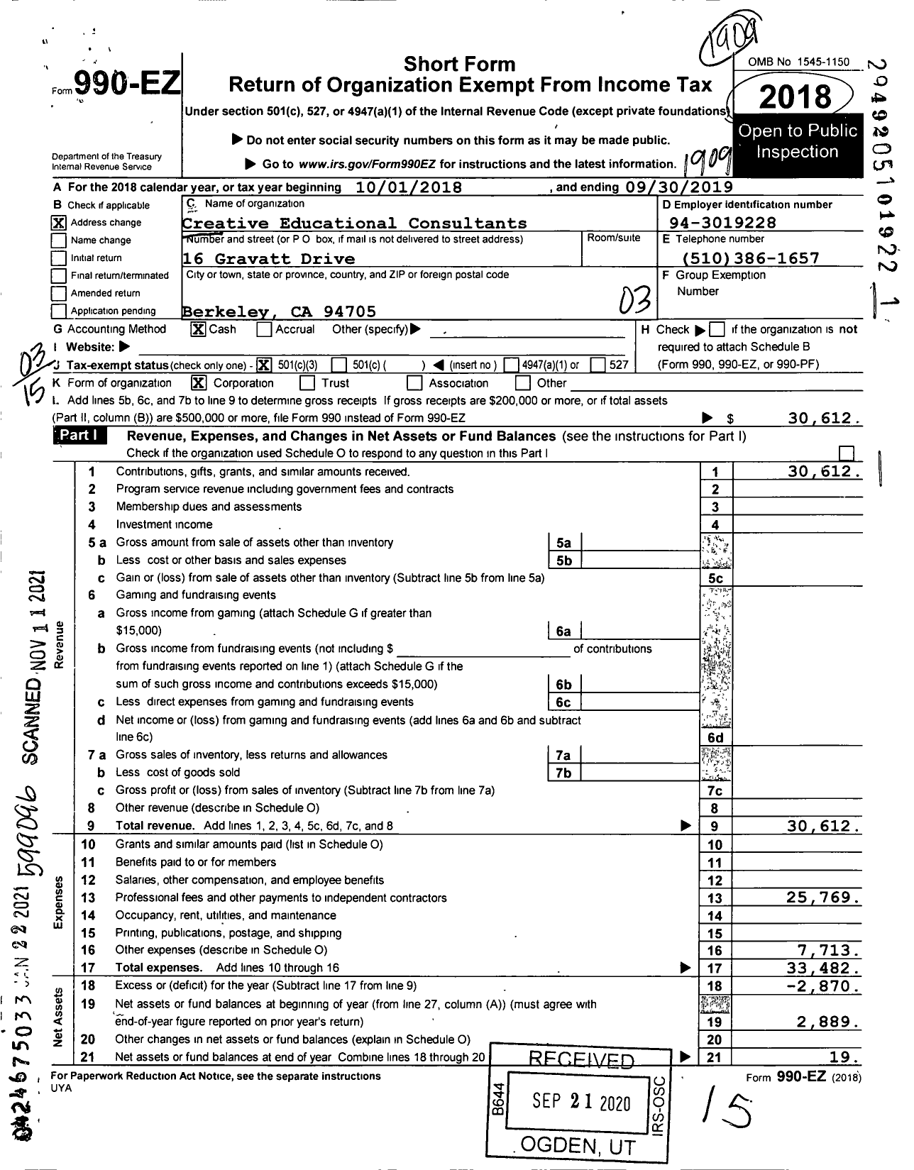 Image of first page of 2018 Form 990EZ for Creative Educational Consultants