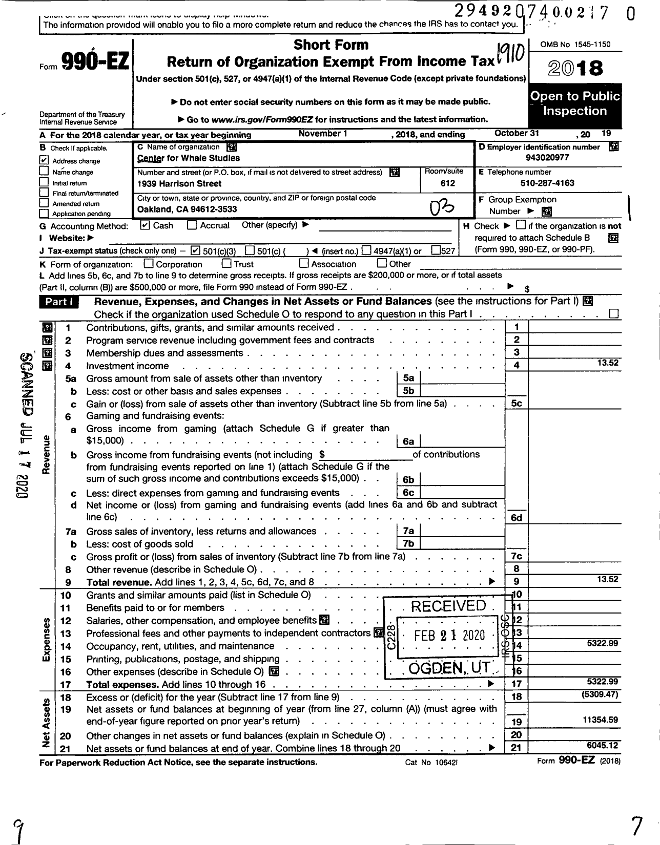 Image of first page of 2018 Form 990EZ for Center for Whale Studies