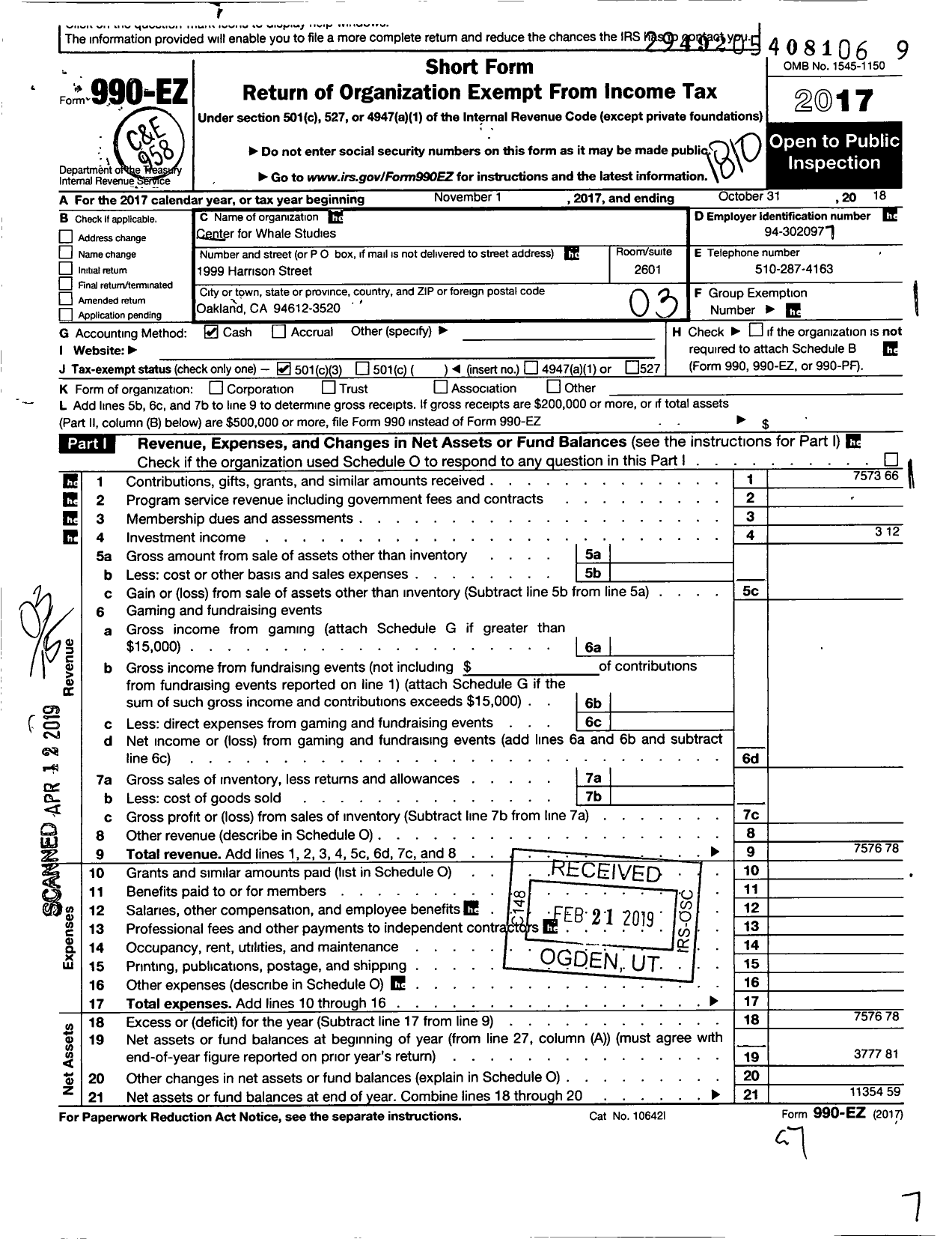 Image of first page of 2017 Form 990EZ for Center for Whale Studies