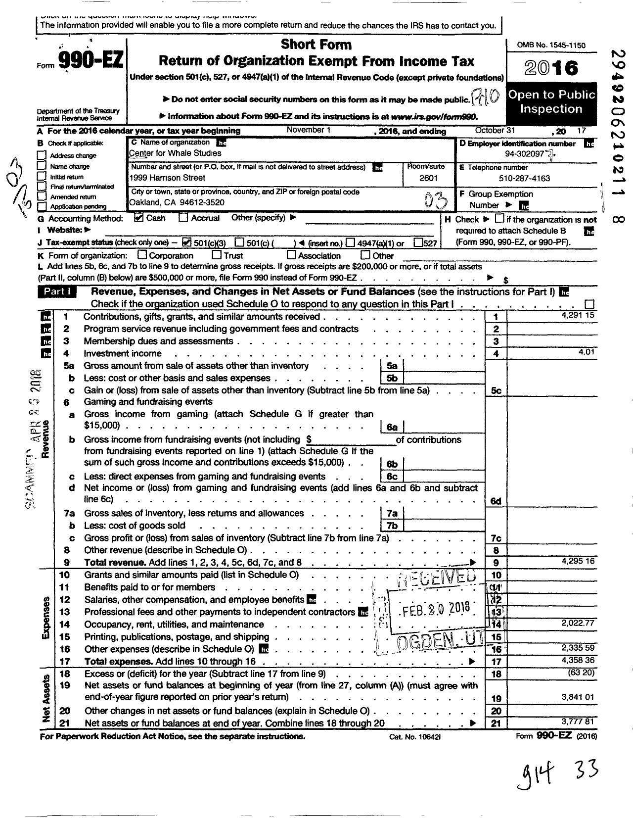 Image of first page of 2016 Form 990EZ for Center for Whale Studies