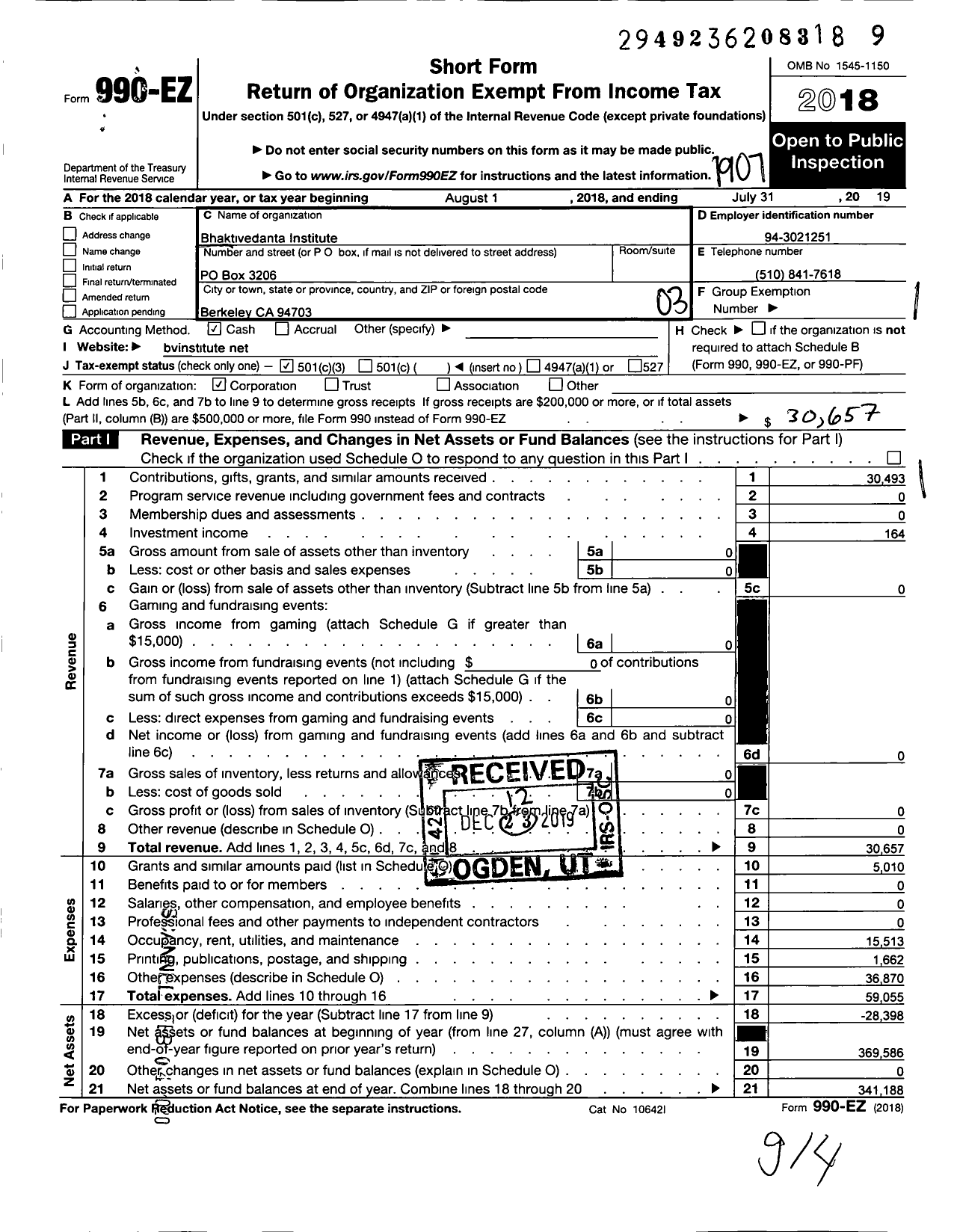 Image of first page of 2018 Form 990EZ for Bhaktivedanta Institute