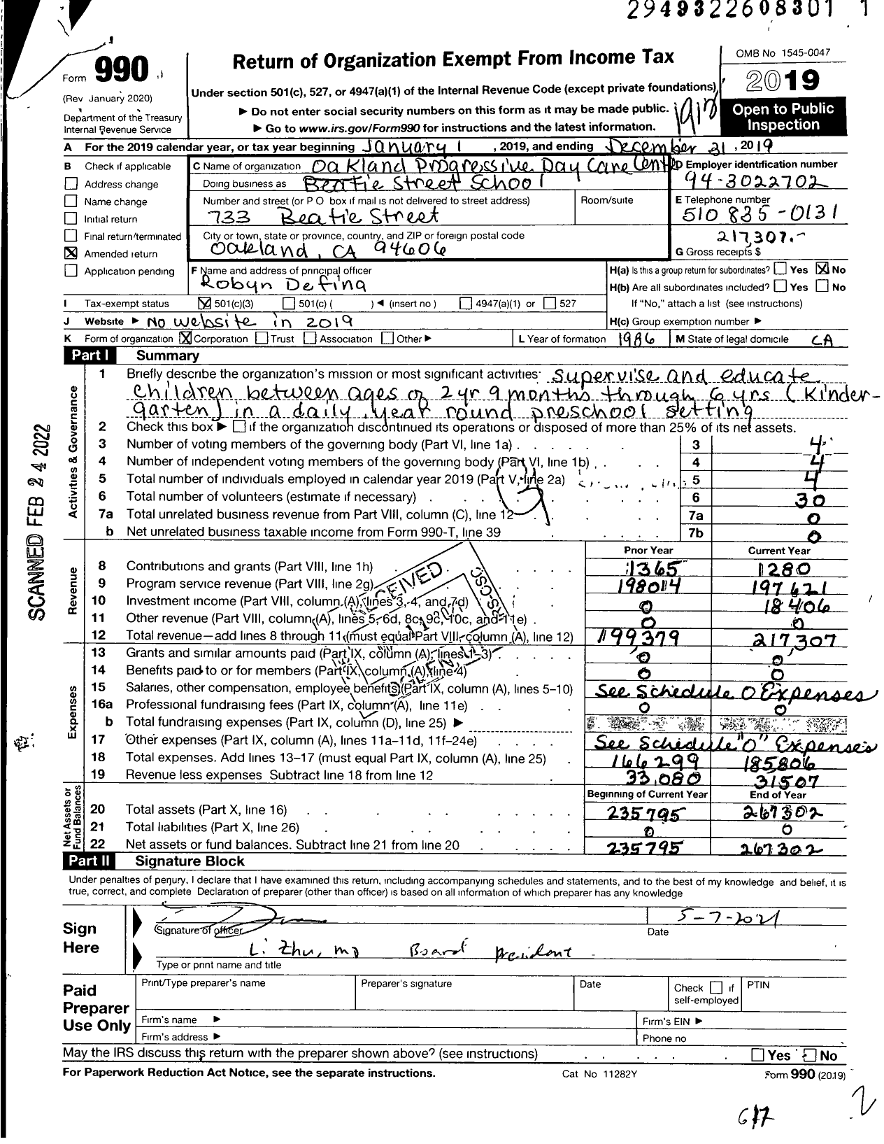 Image of first page of 2019 Form 990 for Beatie Street School