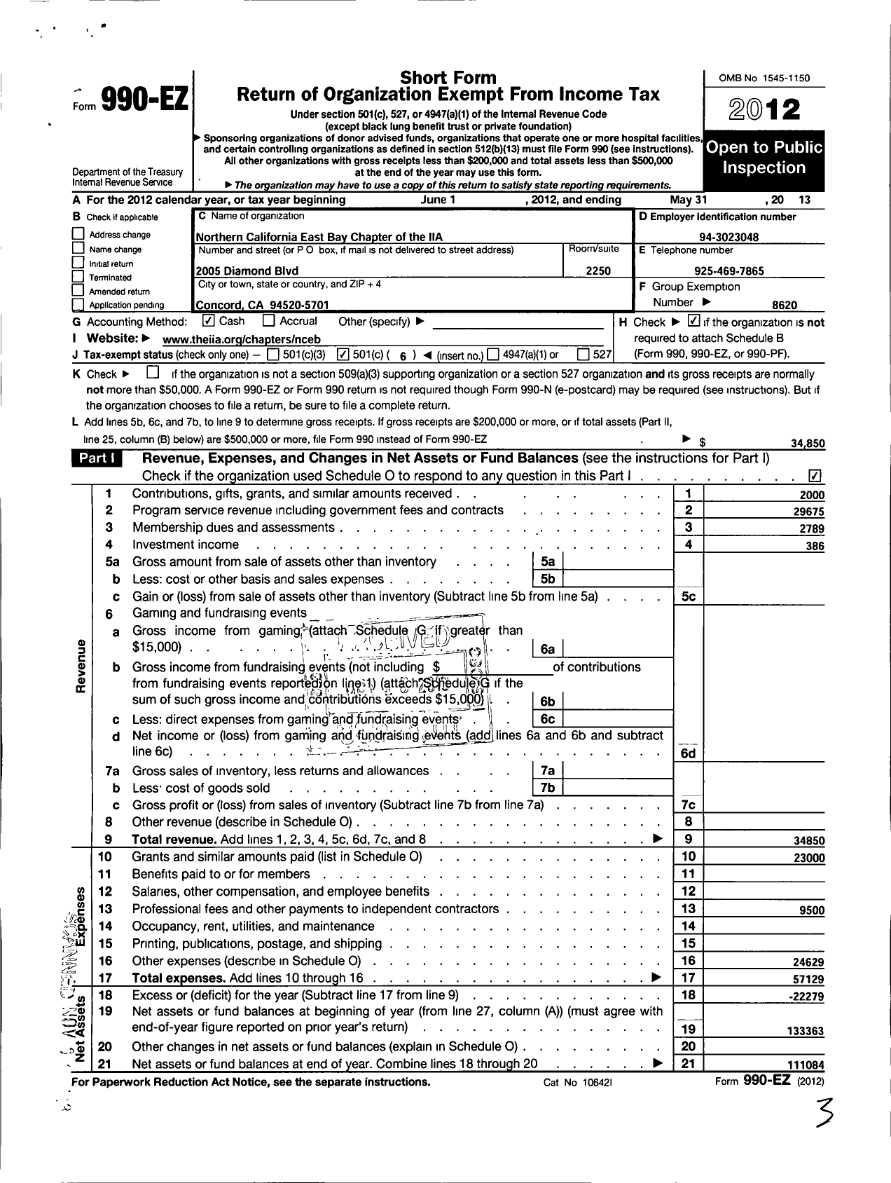 Image of first page of 2012 Form 990EO for Institute of Internal Auditors / Northern California-East Bay Chaptr