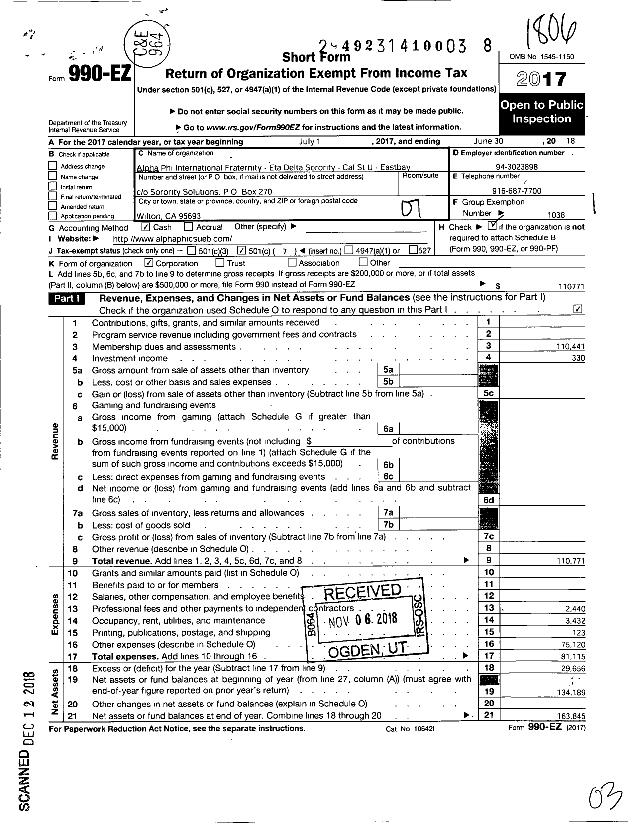 Image of first page of 2017 Form 990EO for ALPHA PHI - Eta Delta Sorority-Cal St U-Eastbay