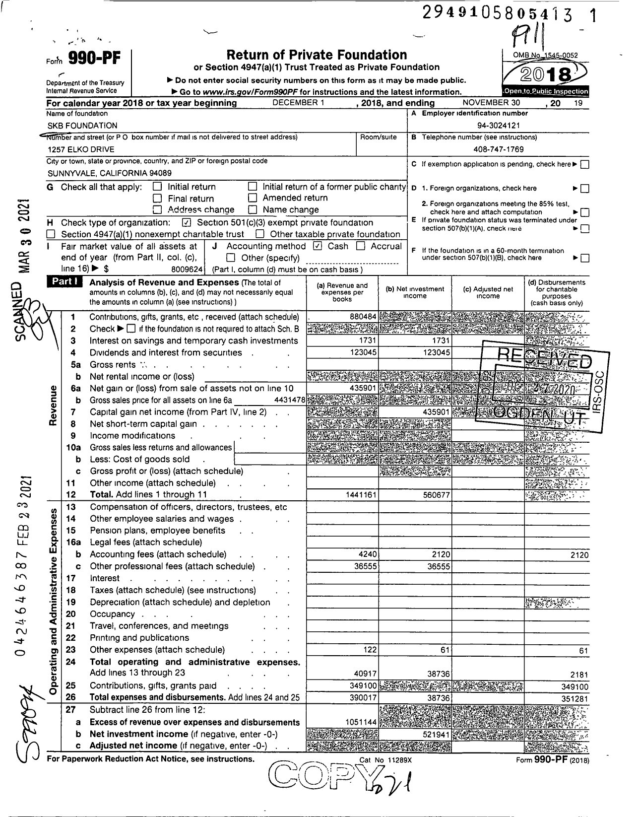 Image of first page of 2018 Form 990PF for SKB Foundation