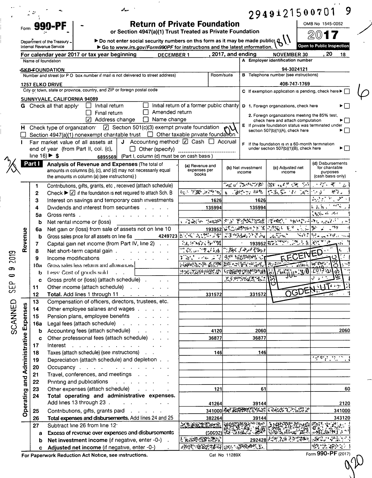 Image of first page of 2017 Form 990PF for SKB Foundation