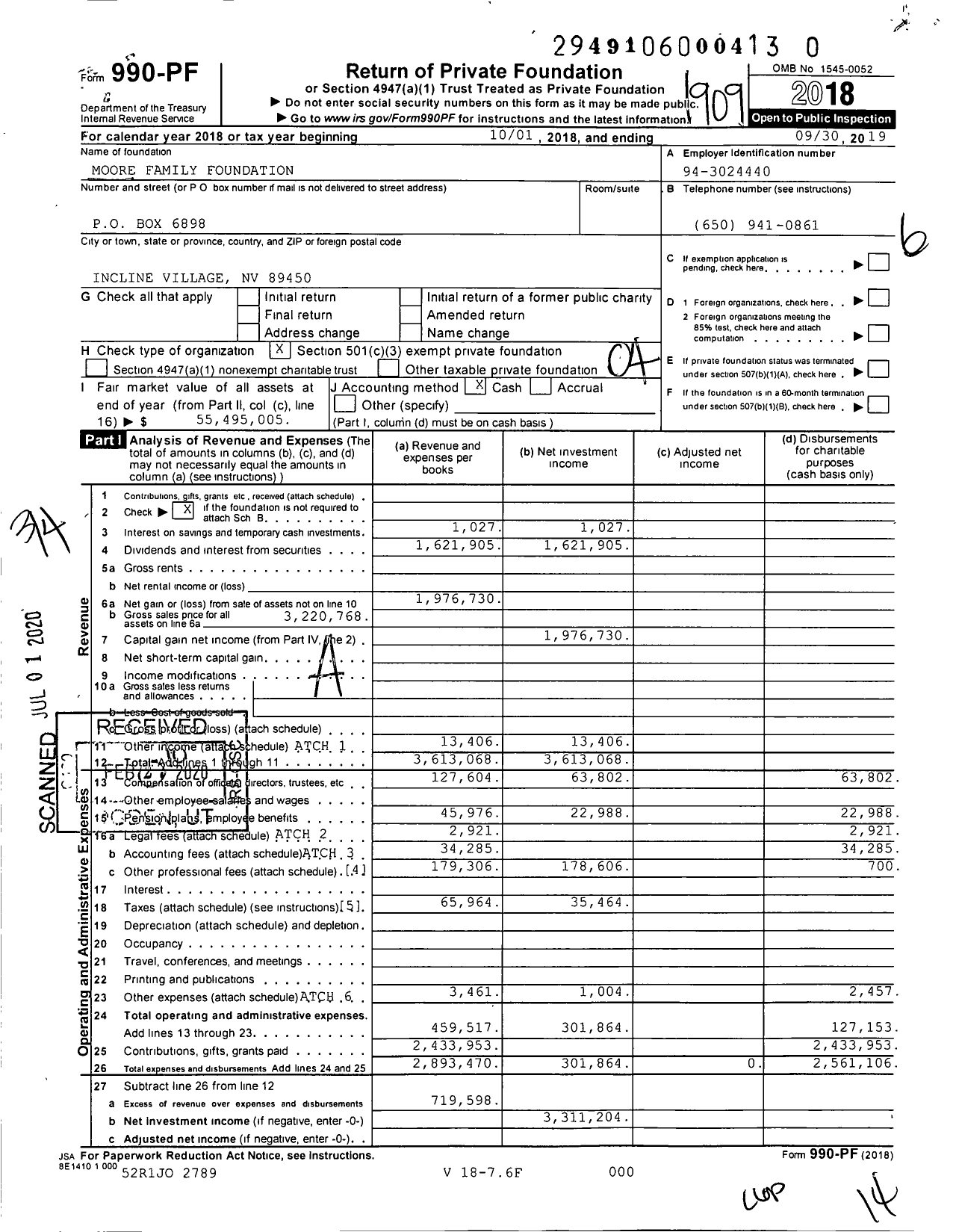 Image of first page of 2018 Form 990PR for Moore Family Foundation