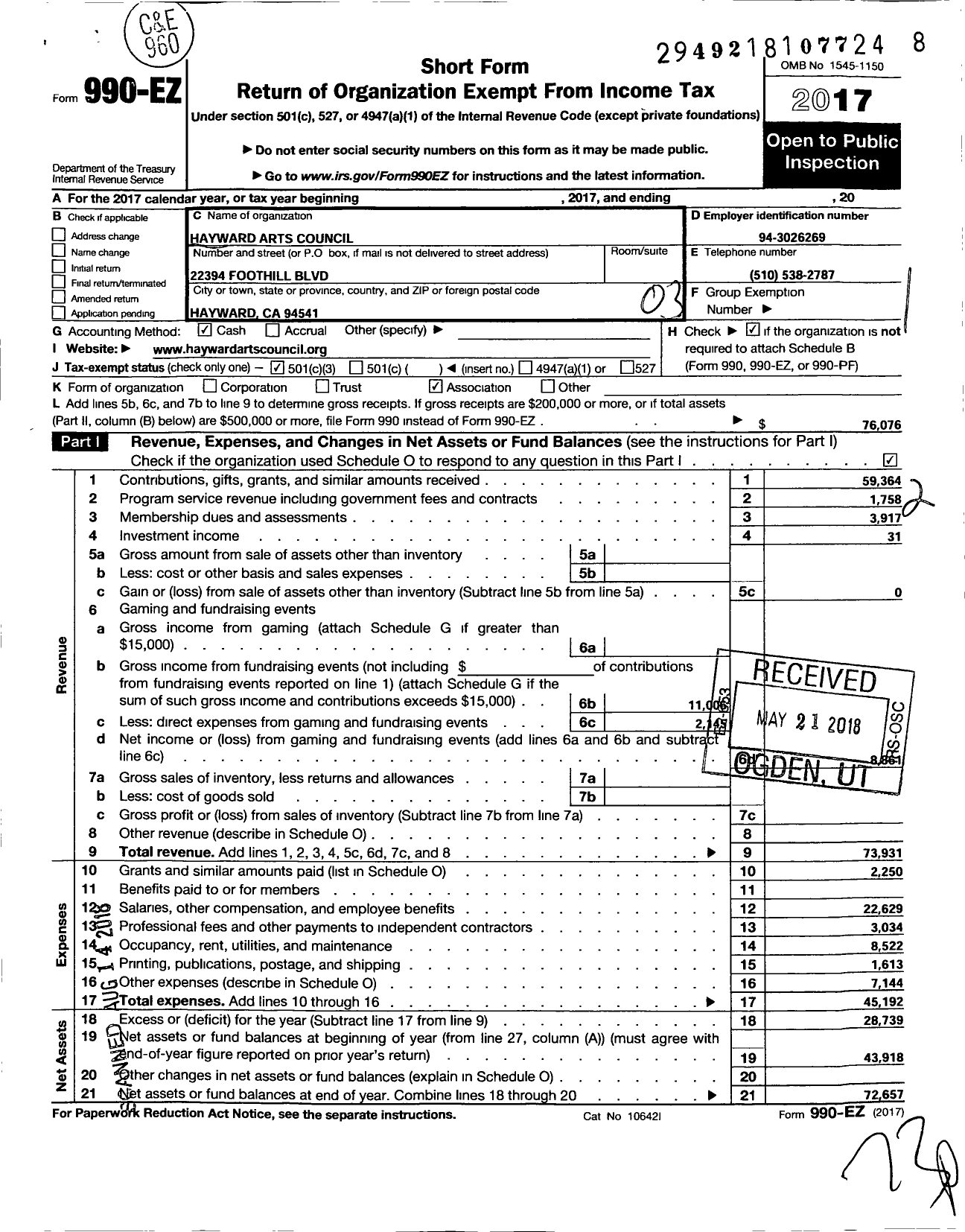 Image of first page of 2017 Form 990EZ for Hayward Arts Council