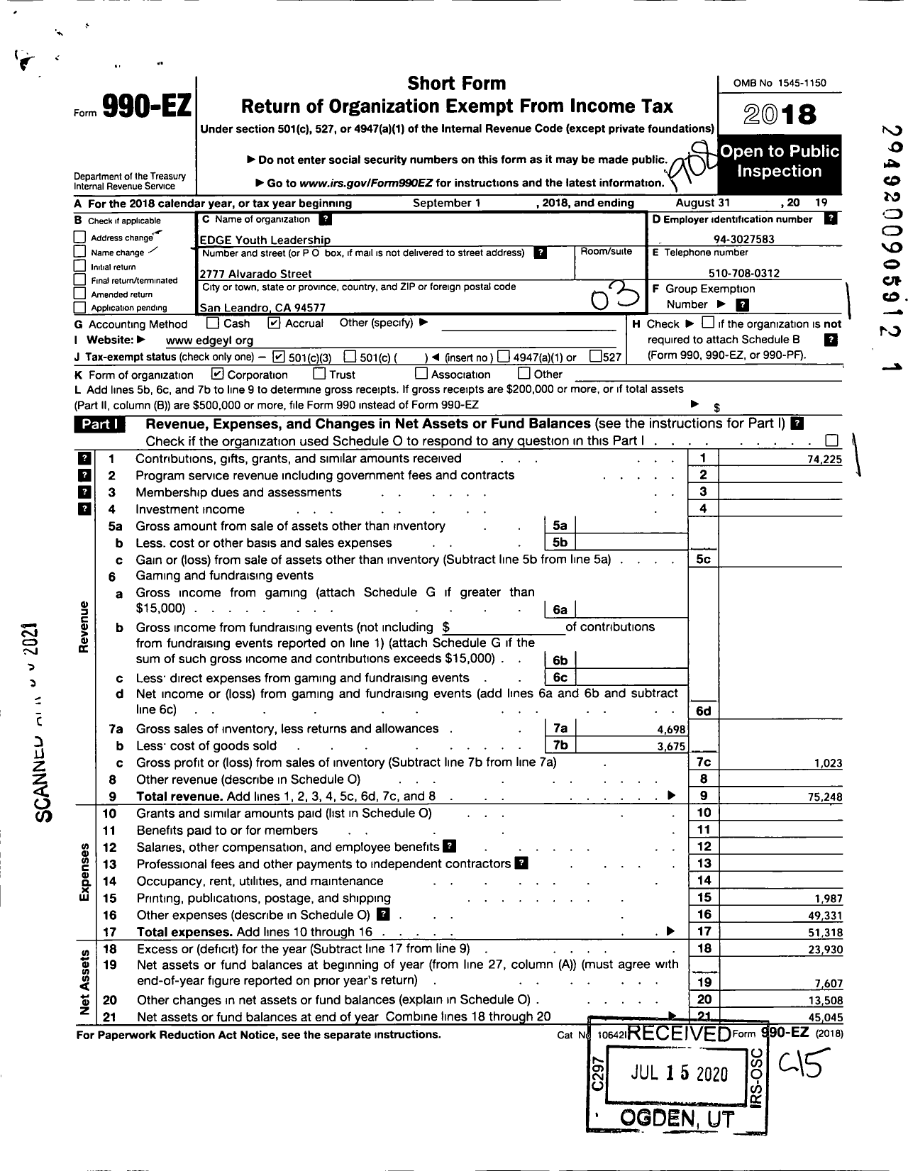 Image of first page of 2018 Form 990EZ for Edge Youth Leadership