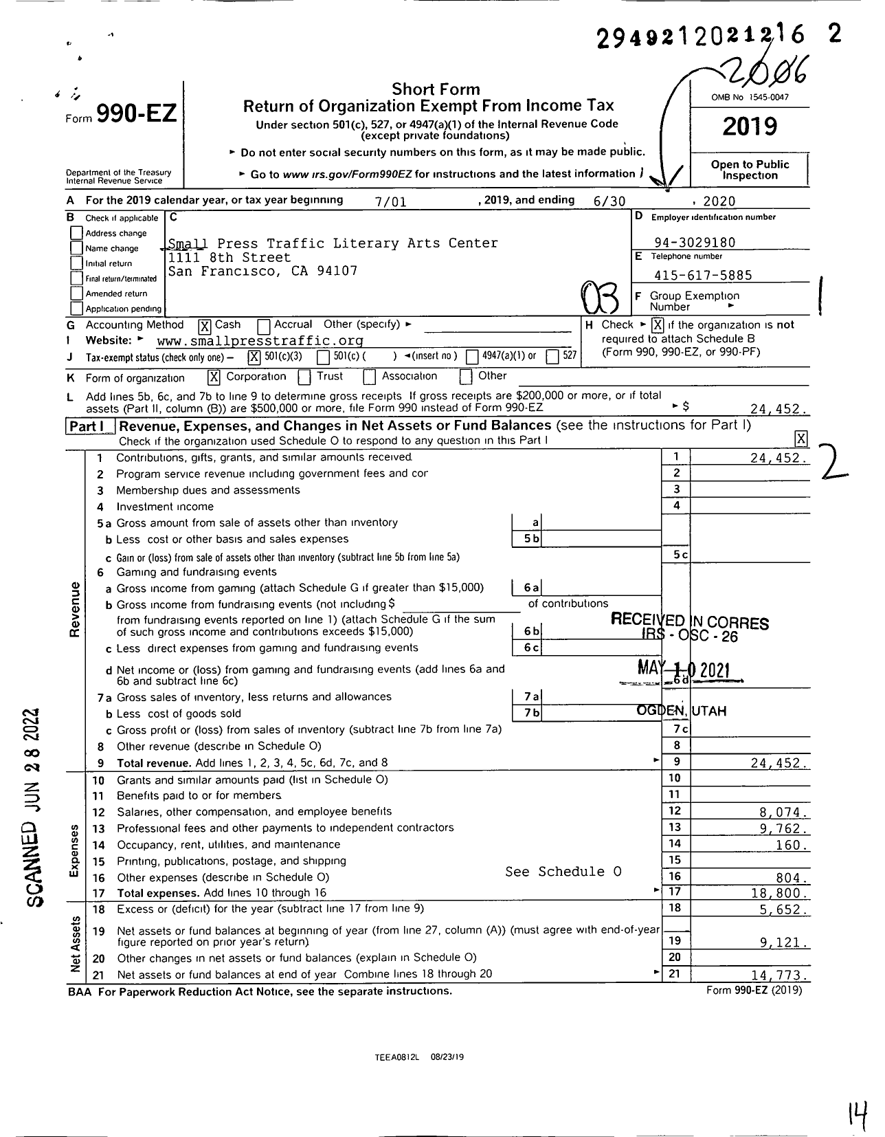 Image of first page of 2019 Form 990EZ for Small Press Traffic Literary Arts Center