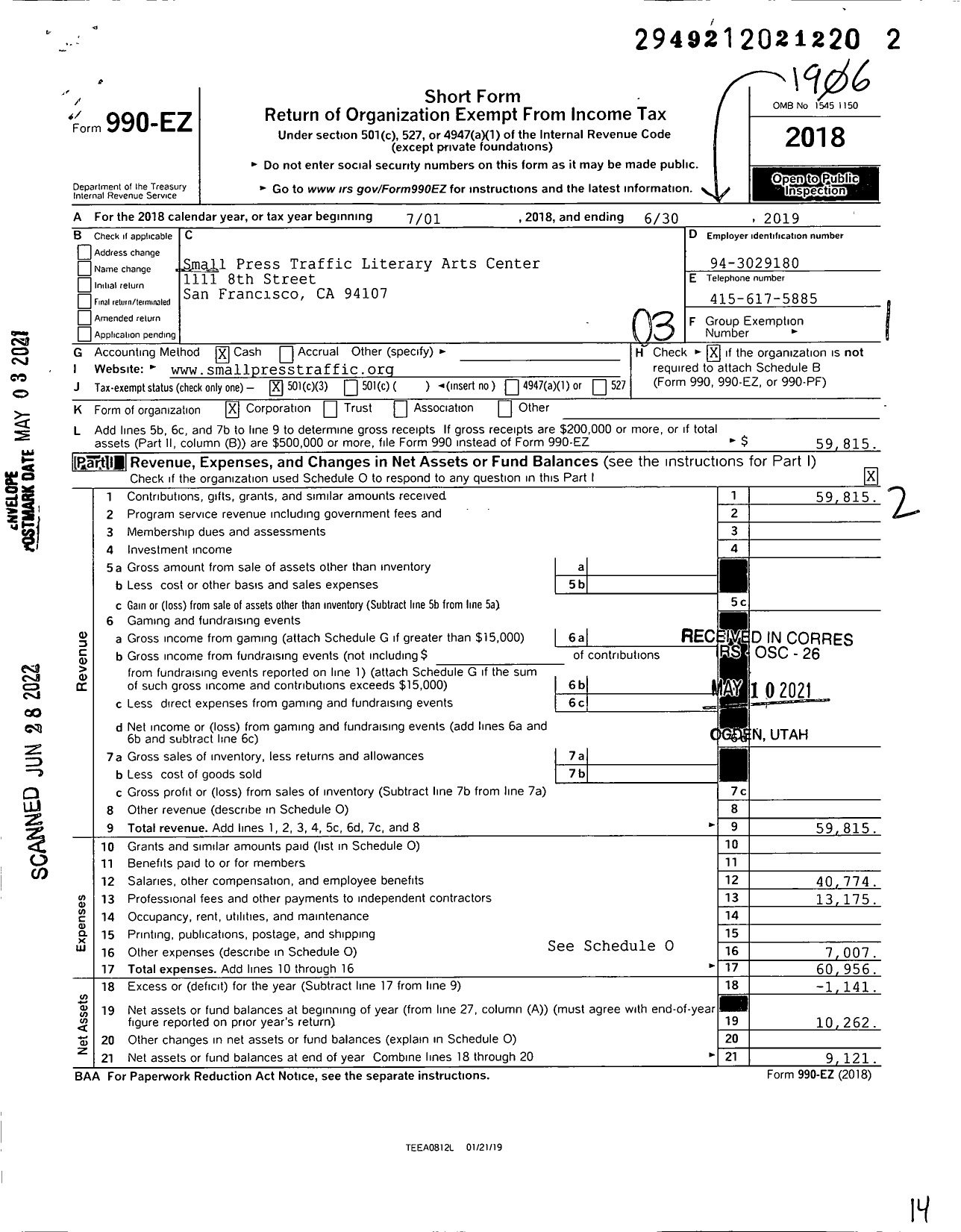 Image of first page of 2018 Form 990EZ for Small Press Traffic Literary Arts Center